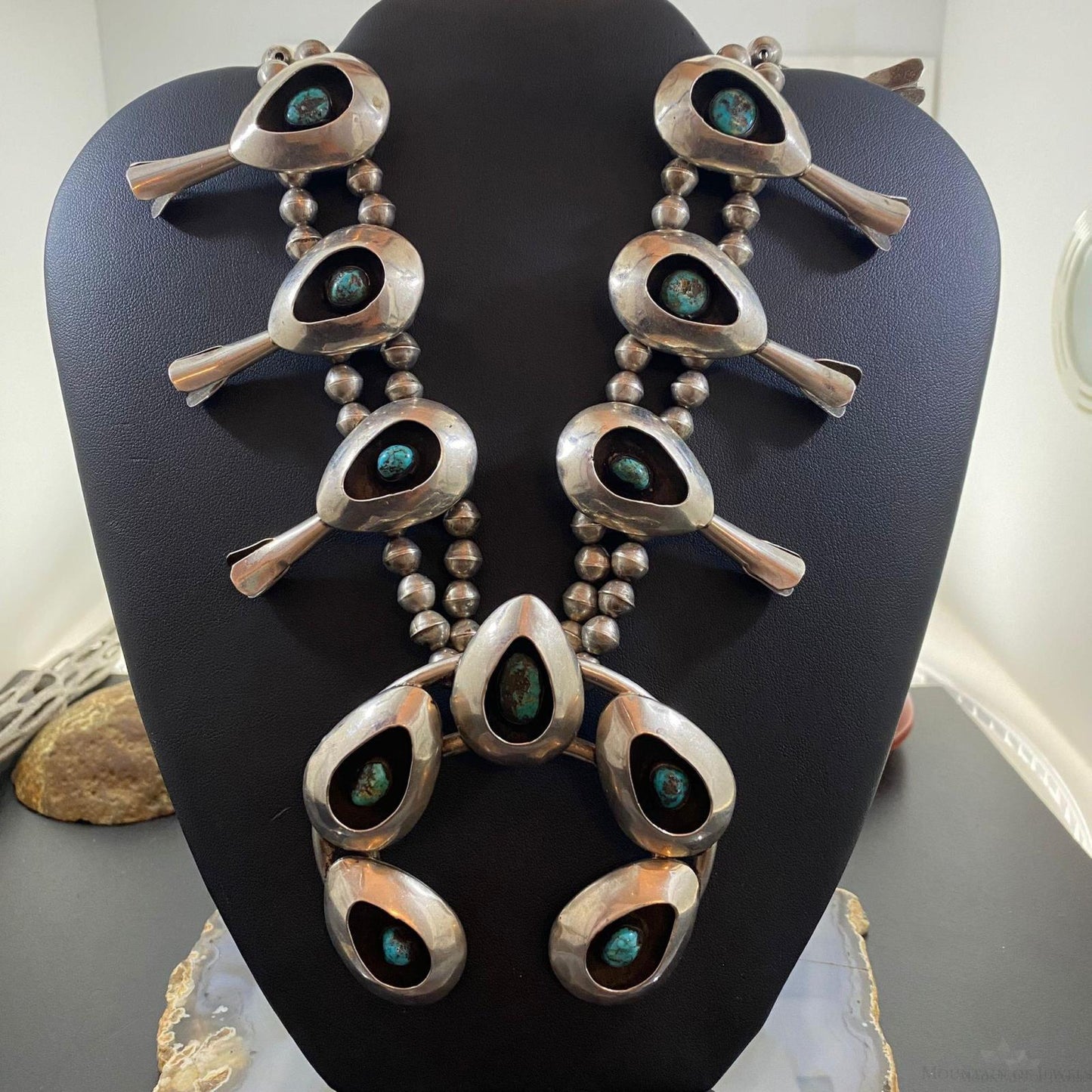 Native American Silver Shadow Box Turquoise Squash Blossom Necklace 31"