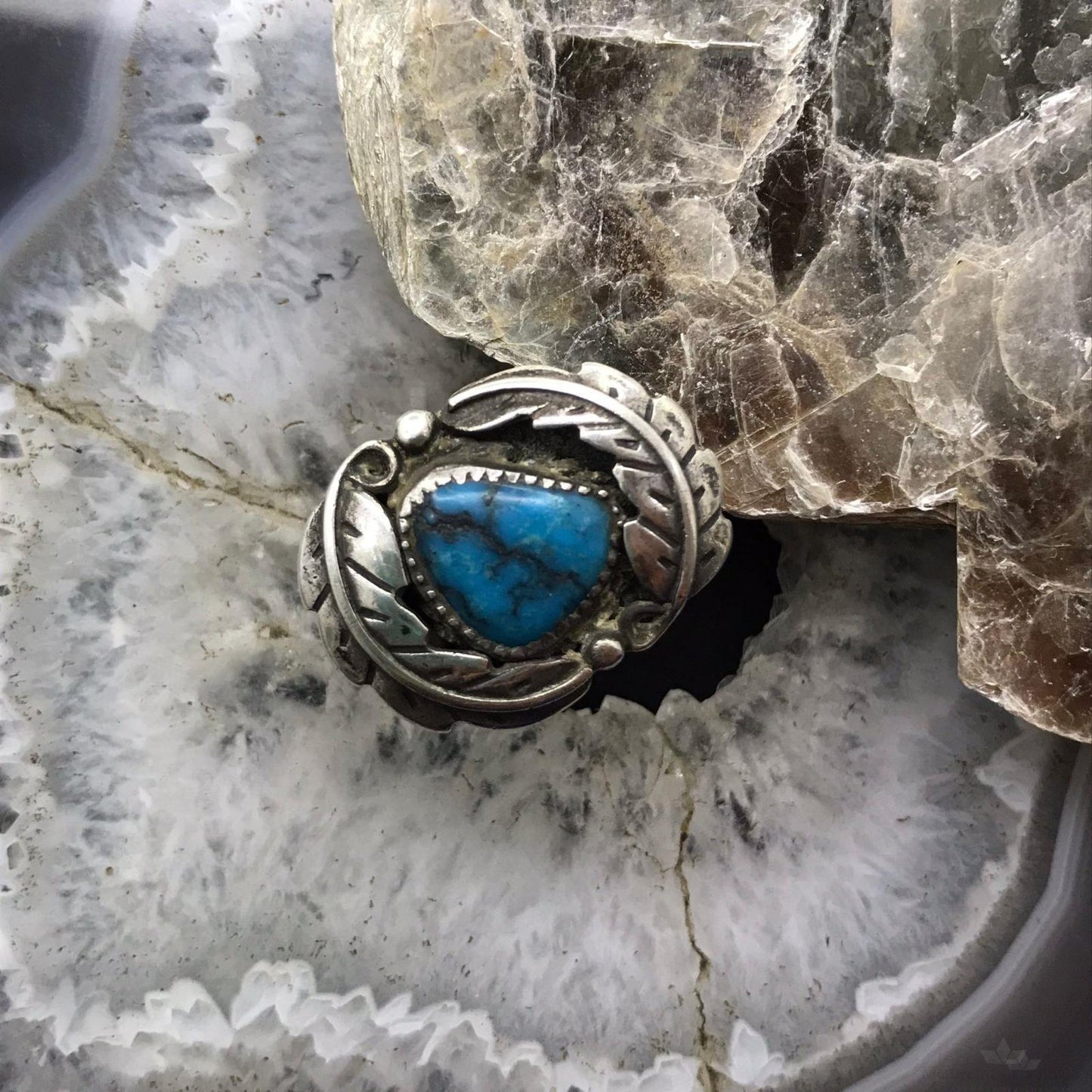 Vintage Native American Silver Natural Turquoise Floral Ring Size 6.5 For Women