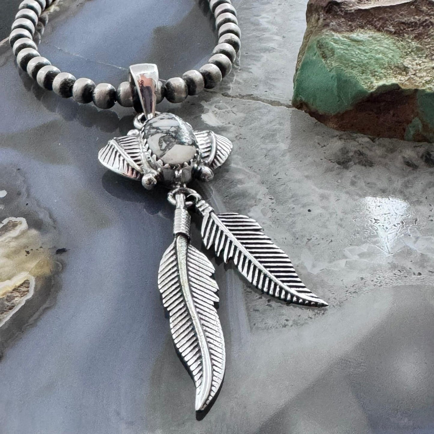 Sterling Silver Southwestern Style White Buffalo Feathers w/Leaves Pendant For Women