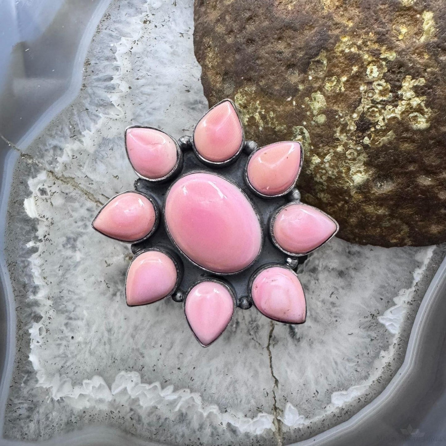 Native American Sterling Silver Pink Conch Adjustable Cluster Ring For Women