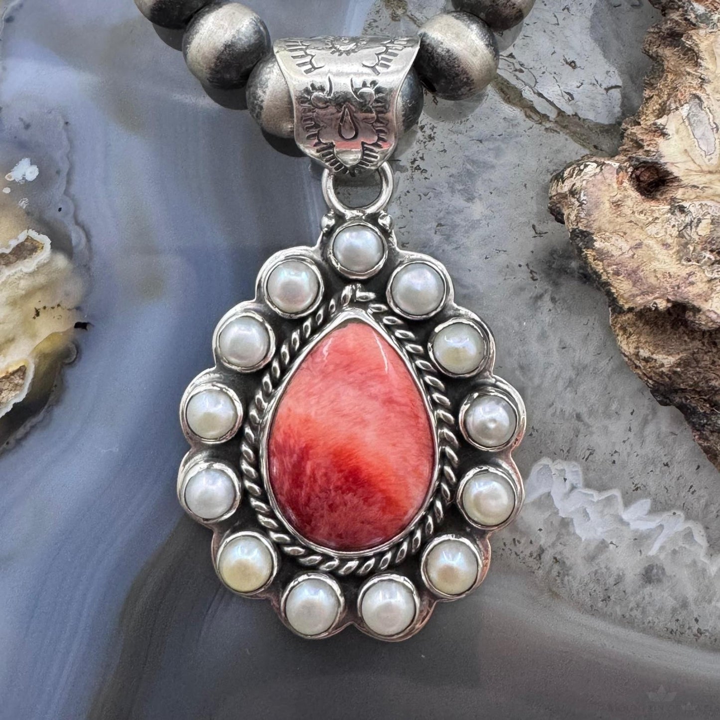 Native American Sterling Silver Teardrop Spiny Oyster w/Pearls Pendant For Women