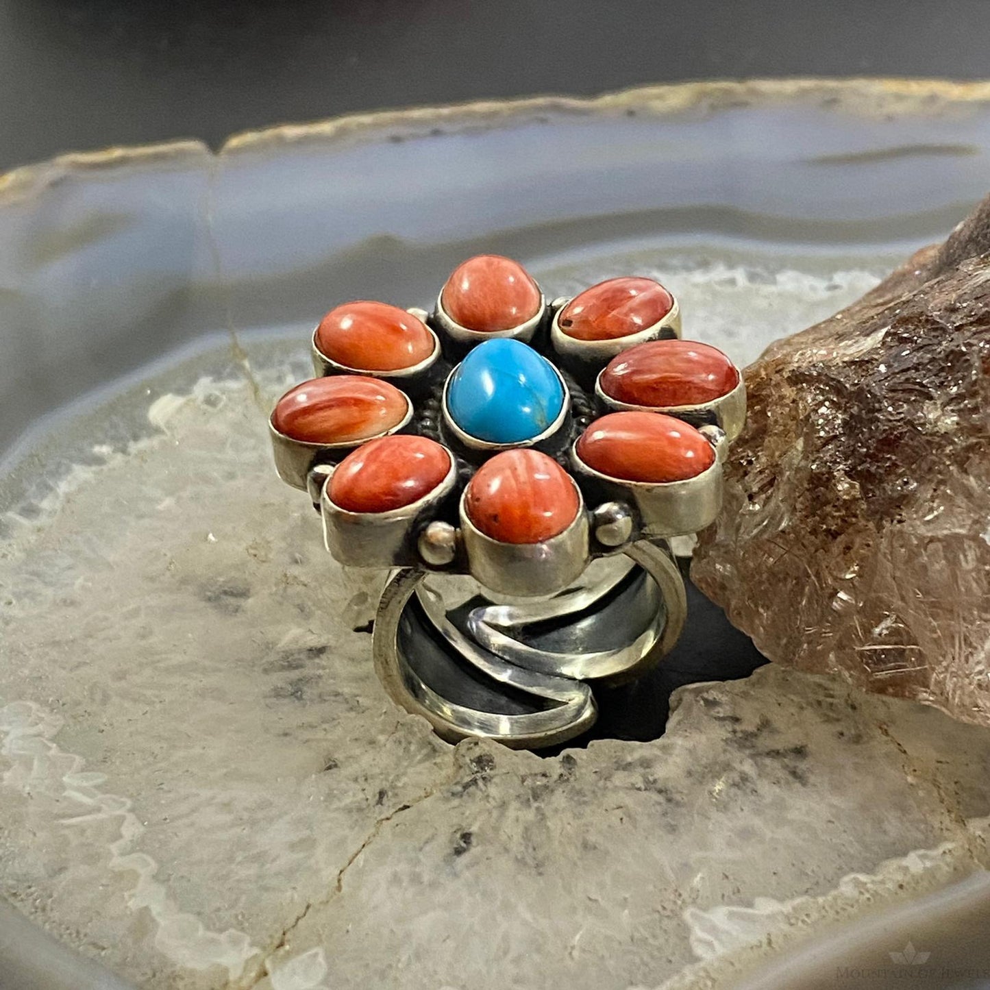 Native American Sterling Spiny Oyster & Turquoise Cluster Ring Size 8 For Women