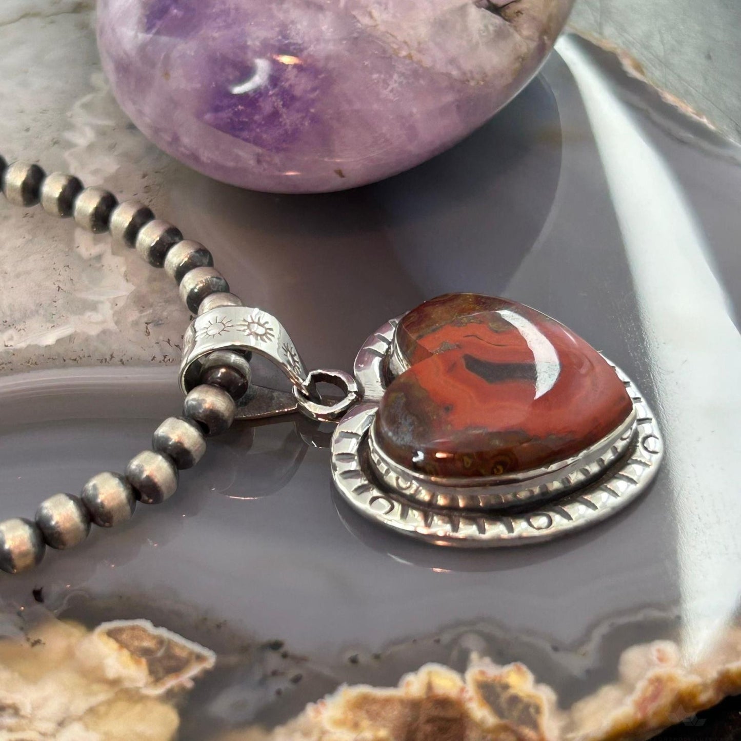 Sterling Silver Southwestern Style Seam Agate Heart Decorated Pendant For Women