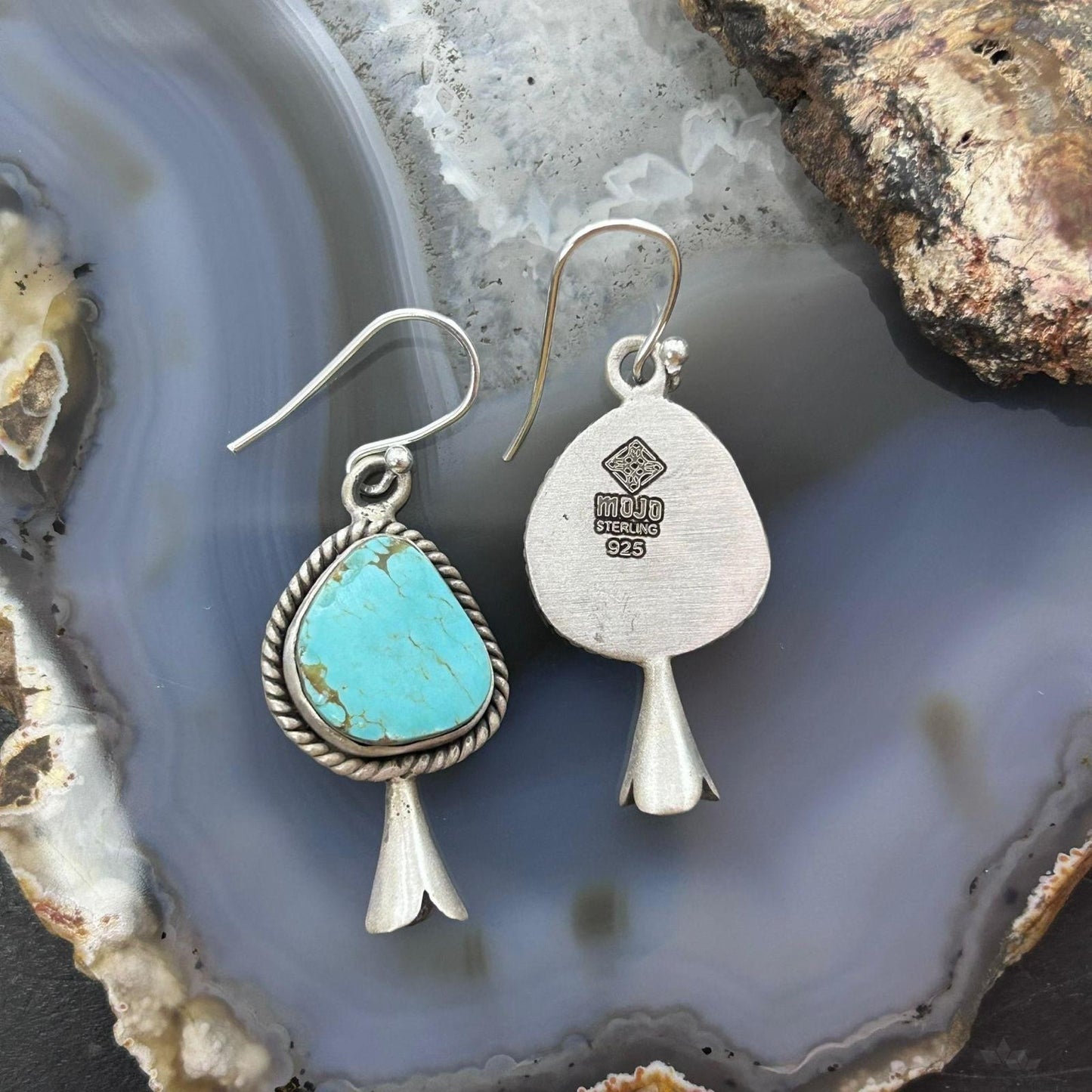Sterling Silver Southwestern Style Turquoise Squash Blossom Dangle Earrings For Women #4