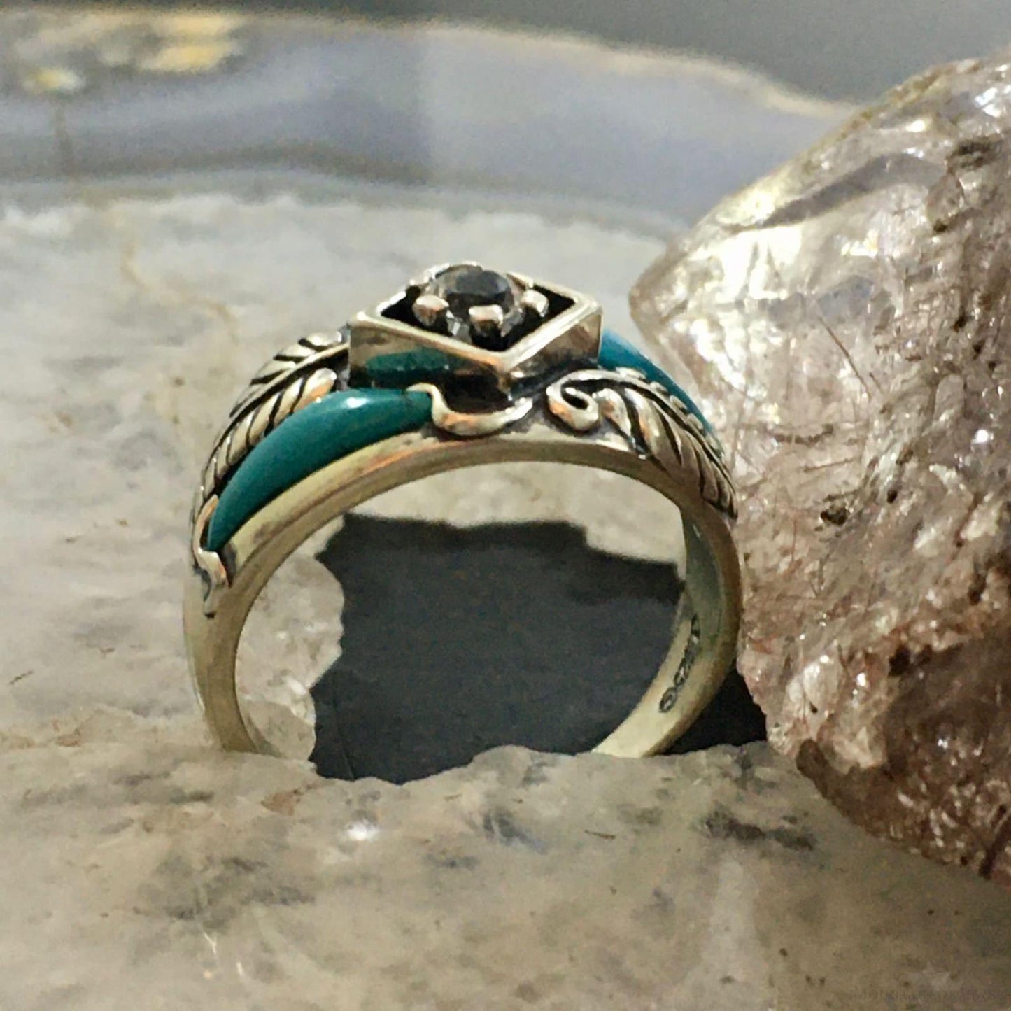 Carolyn Pollack Southwestern Style Sterling Silver Turquoise & White Topaz Decorated Ring