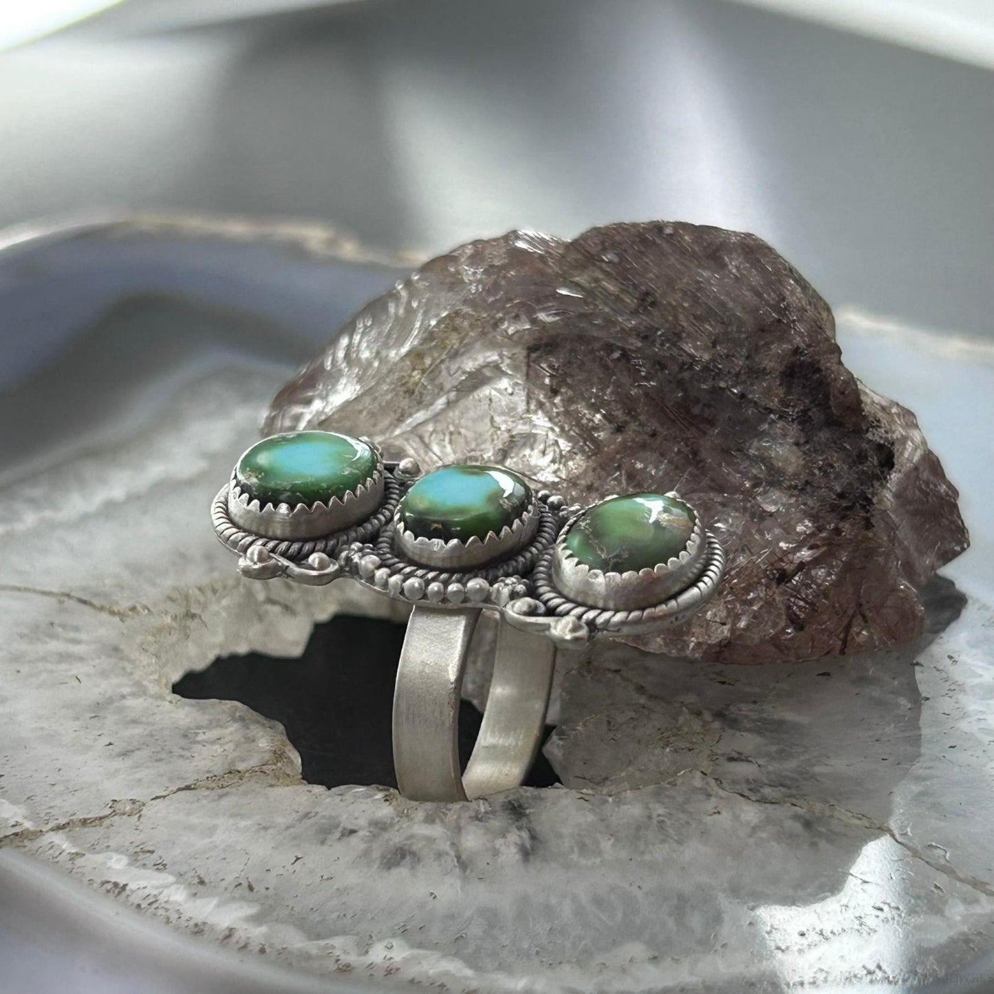 Sterling Silver Southwestern Style 3 Sonora Gold Turquoise Adjustable Ring For Women