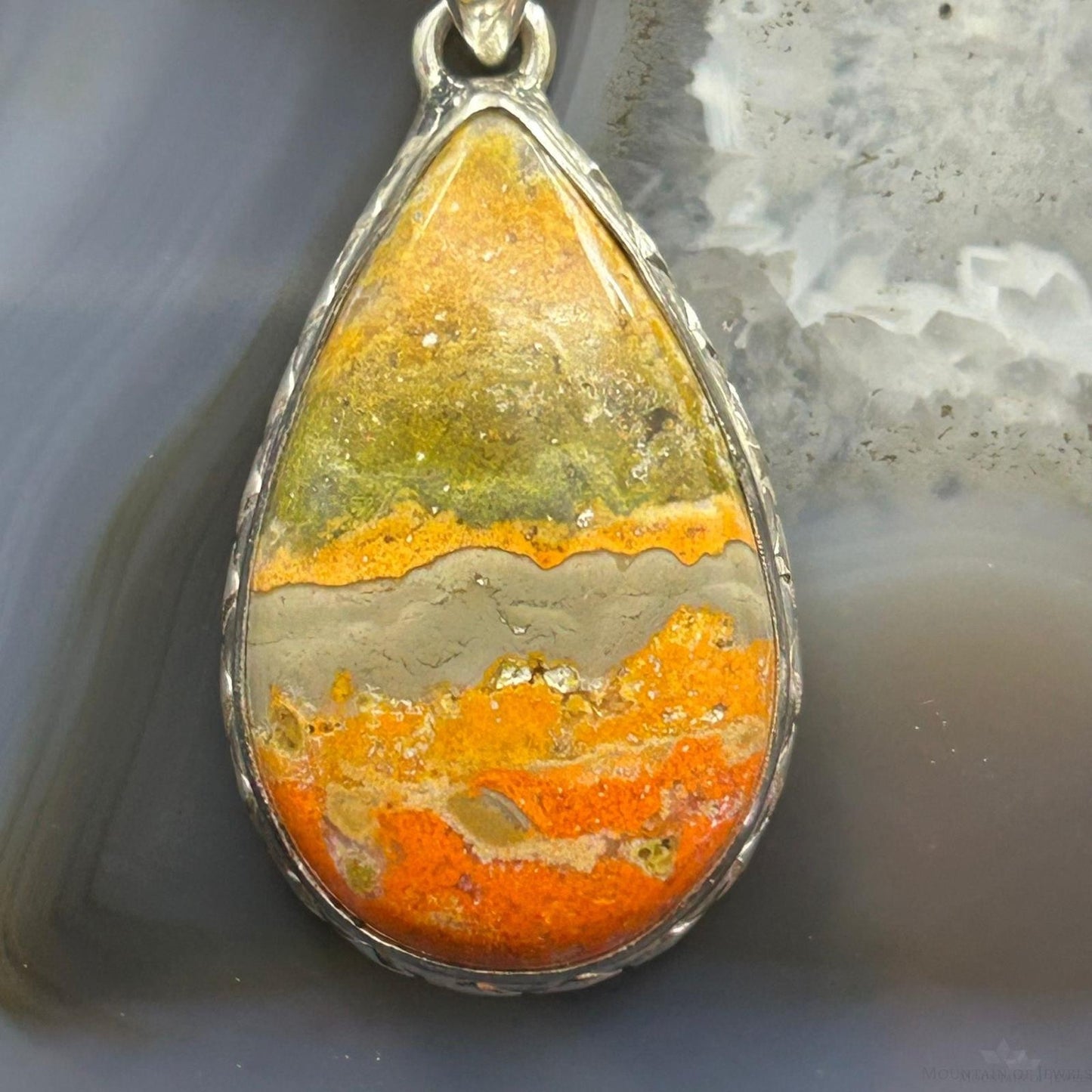 Sterling Southwestern Style Wide Teardrop Bumblebee Jasper Decorated Pendant