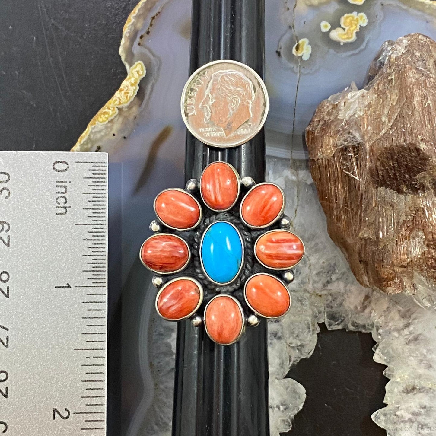 Native American Sterling Spiny Oyster & Turquoise Cluster Ring Size 8 For Women