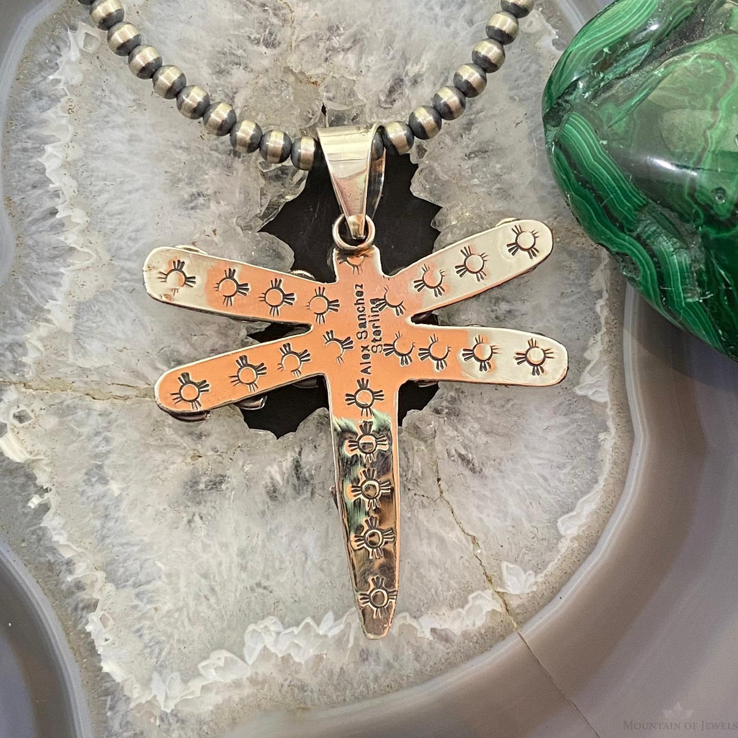Alex Sanchez Sterling Silver Petroglyph & Coral Dragonfly Unisex Pendant #2