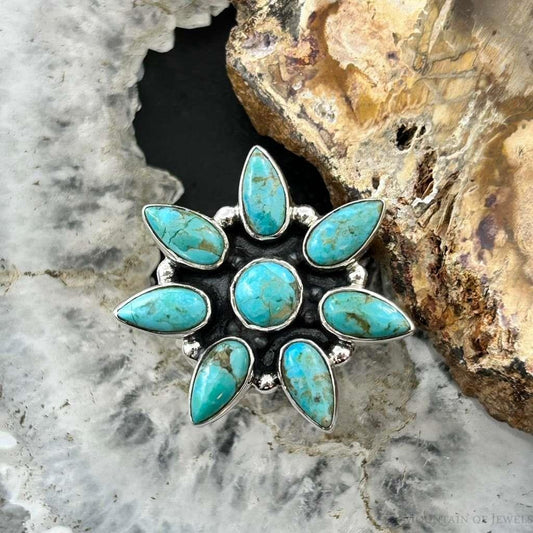 Sterling Silver Southwestern Style Mohave Turquoise Cluster Ring Size 7 For Women