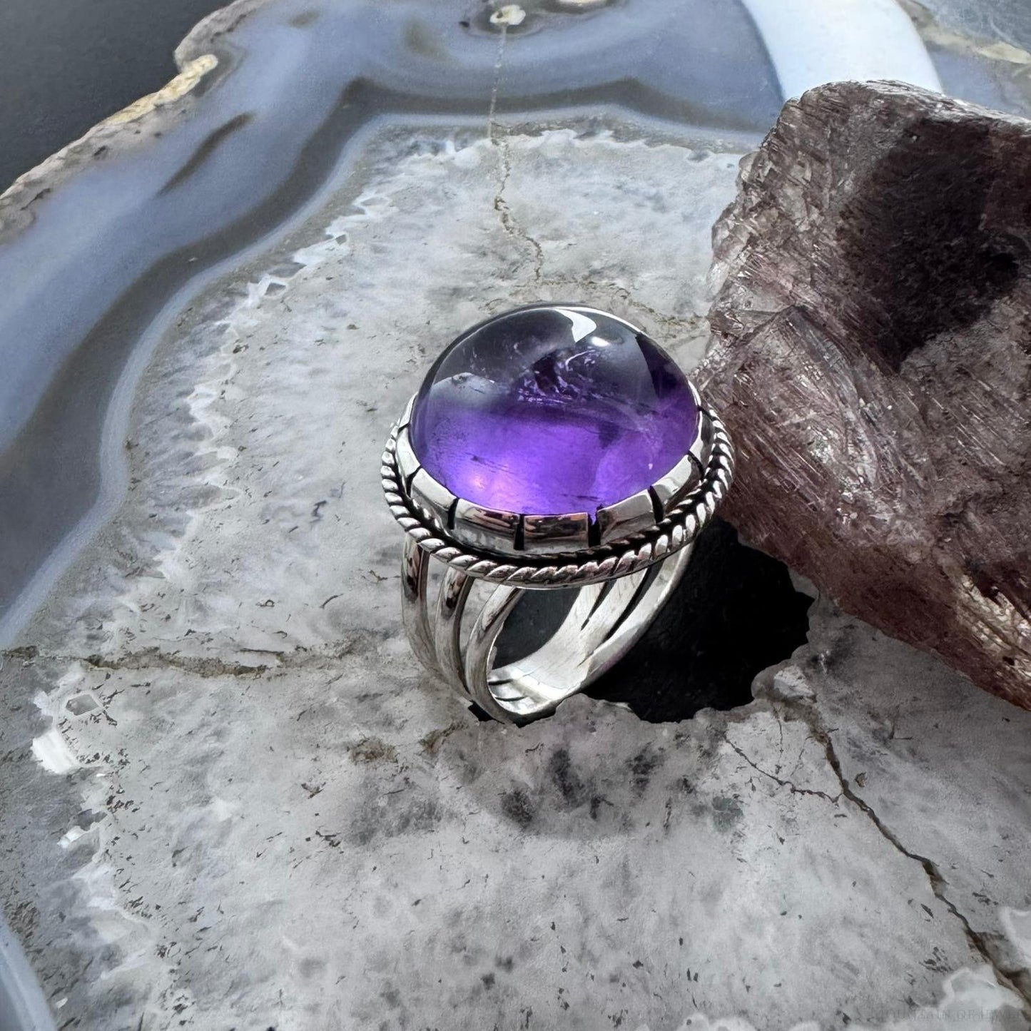 Sterling Silver Southwestern Style Round Amethyst Decorated Ring Size 8.75 For Women