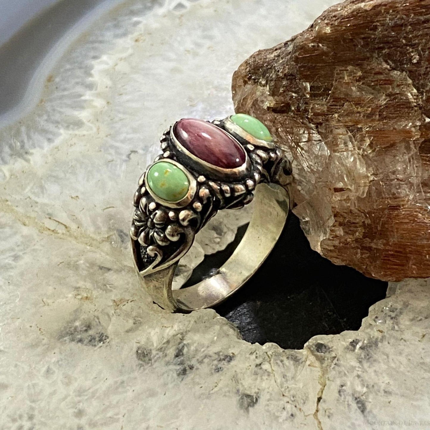 Carolyn Pollack Southwestern Style Sterling Silver Purple Spiny Oyster & Green Turquoise Ring For Women