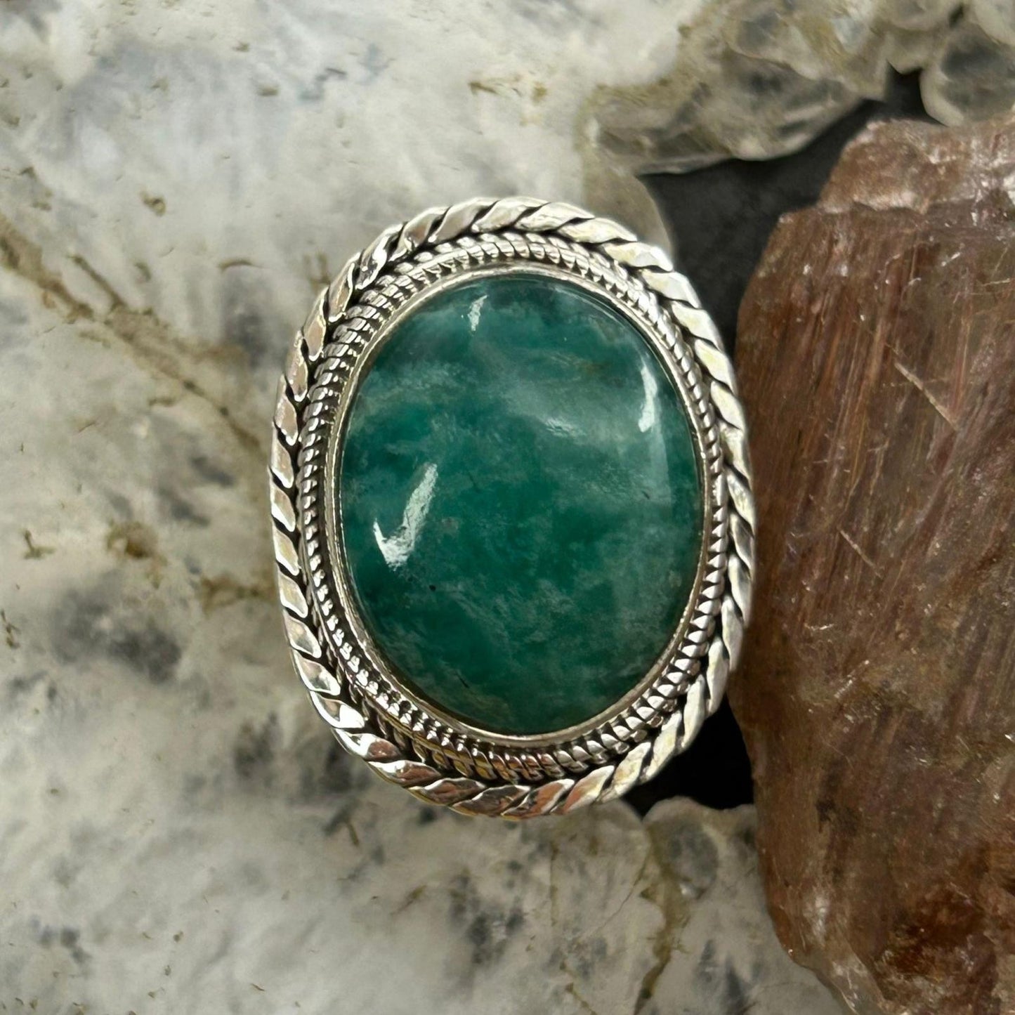 Sterling Silver Southwestern Style Oval Amazonite Decorated Ring Size 7 For Women