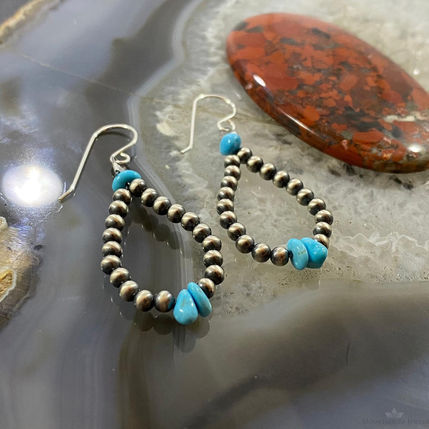 Navajo Pearl Beads 3mm & Turquoise Sterling Silver Teardrop Hoop Earrings