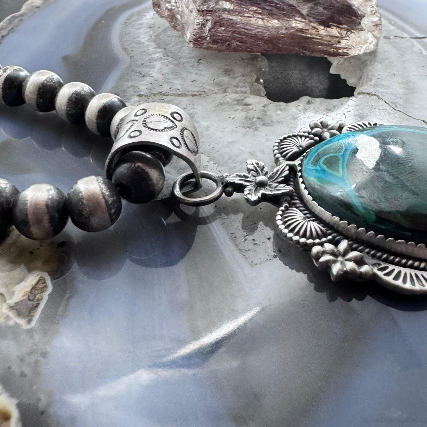 Sterling Silver Southwestern Style Oval Azurite Malachite Decorated Pendant For Women