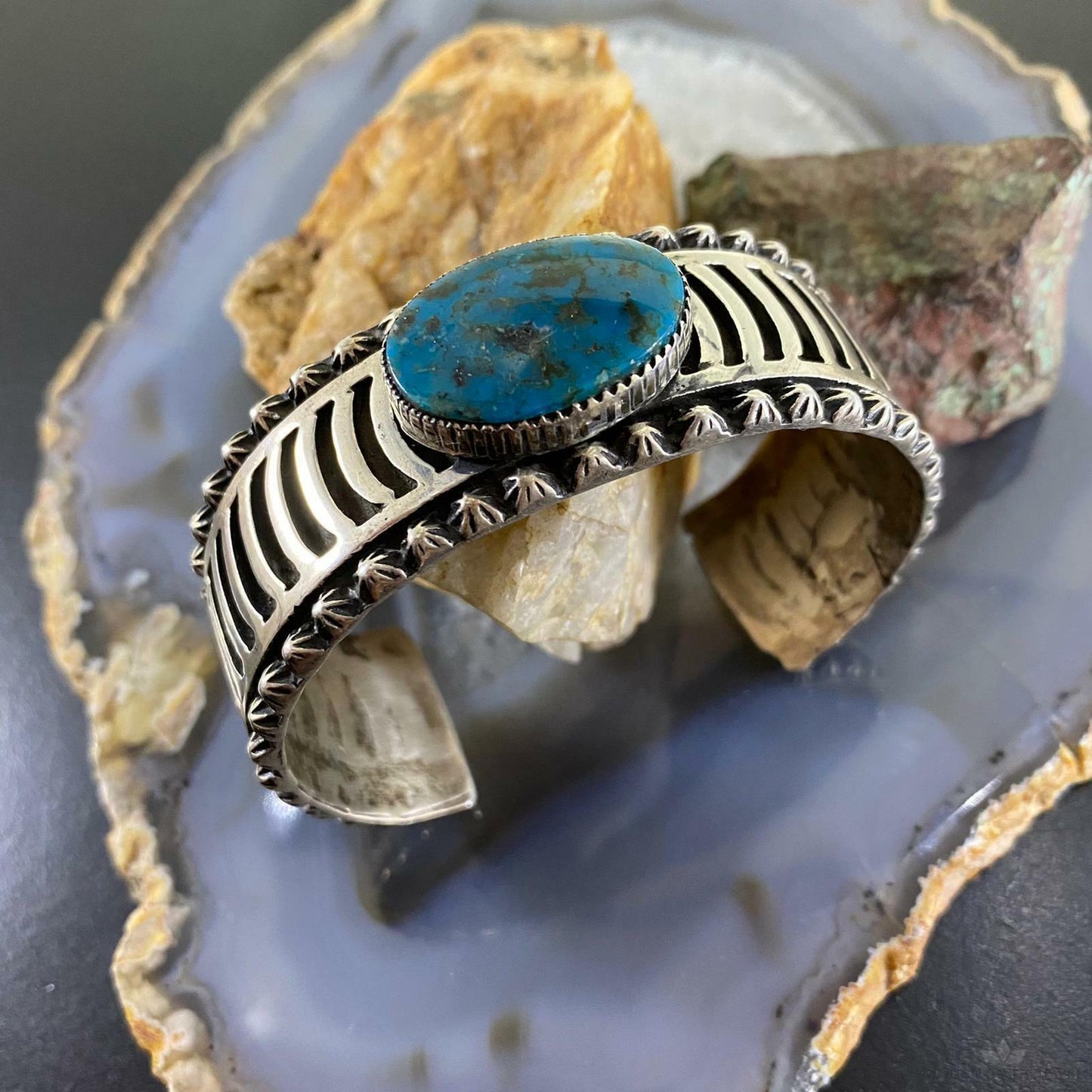 Lorenzo James Sterling Silver Overlay Stripes & Oval Turquoise Unisex Bracelet