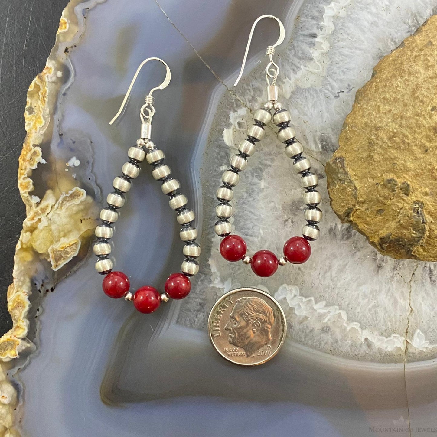 Navajo Pearl & Bamboo Coral Bead Graduated 4-6 mm Sterling Hoop Dangle Earrings