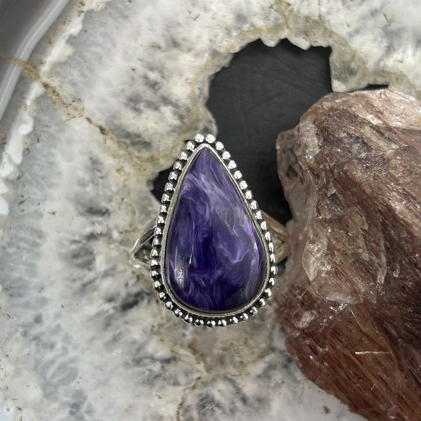 Sterling Silver Southwestern Style Teardrop Charoite Ring Size 8.5 For Women