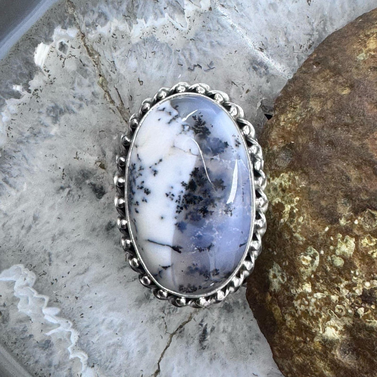 Sterling Silver Southwestern Style Oval Dendrite Agate Ring Size 5 For Women