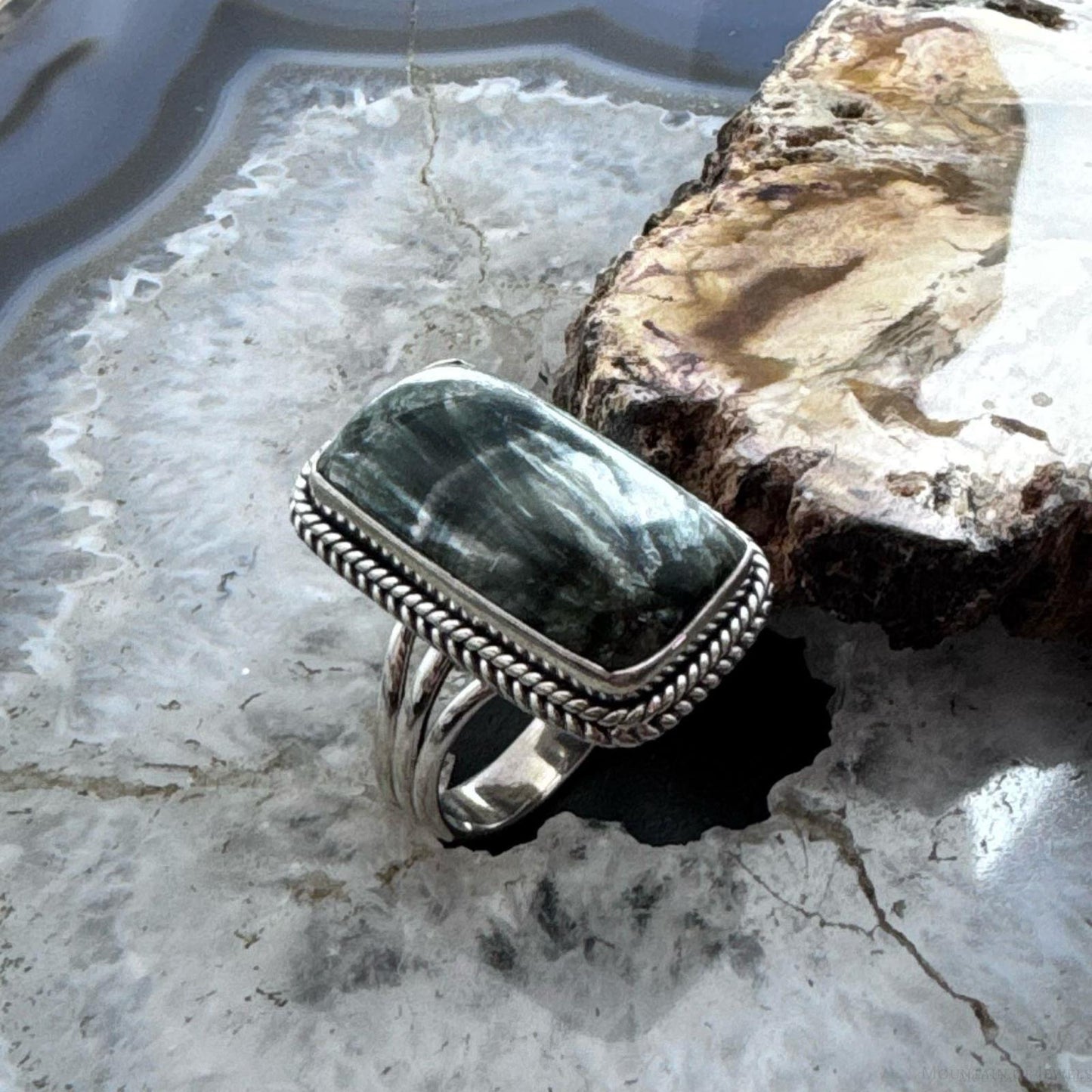 Sterling Silver Southwestern Style Seraphinite Bar Ring Size 8.5 For Women