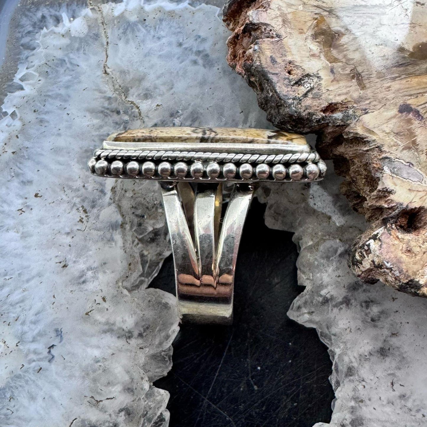 Sterling Silver Southwestern Style Picture Jasper Bar Ring Size 8.75 For Women