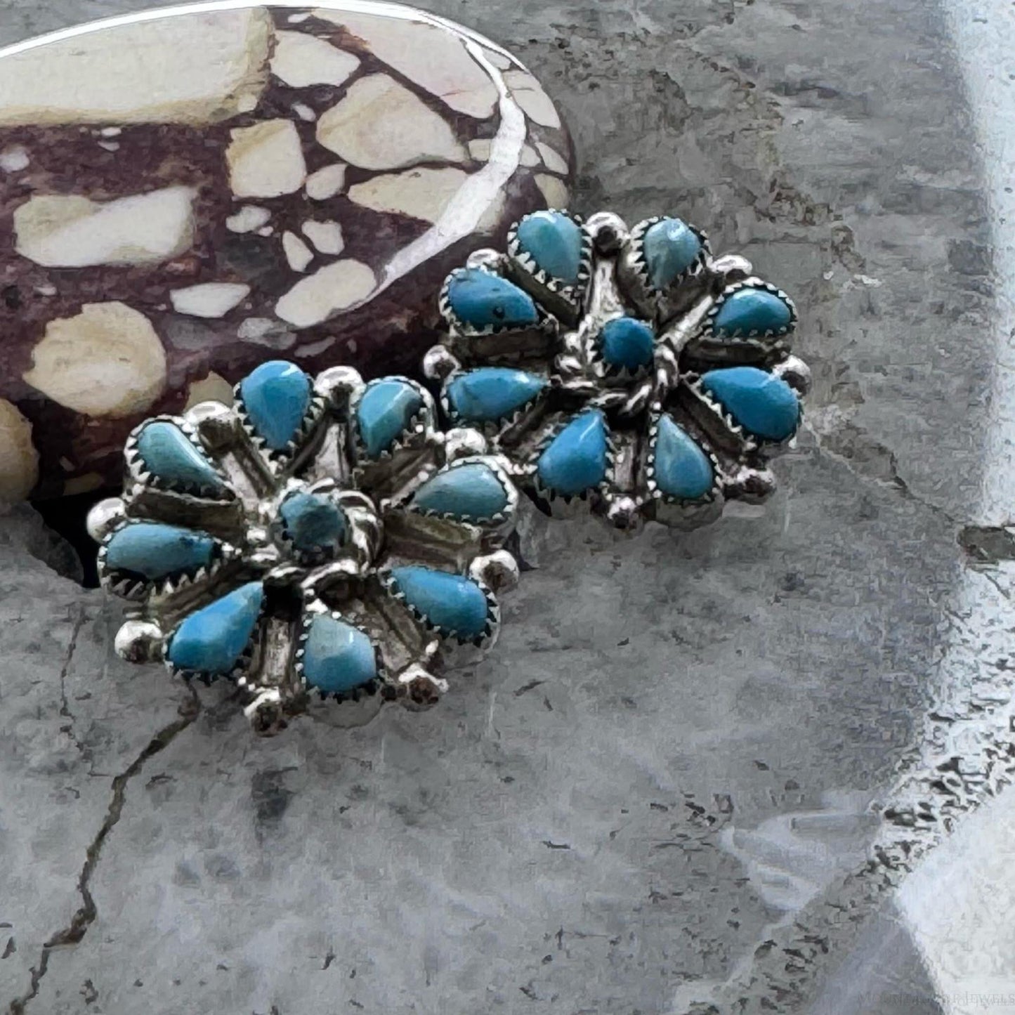 Native American Sterling Silver Turquoise Cluster Stud Earrings For Women #1