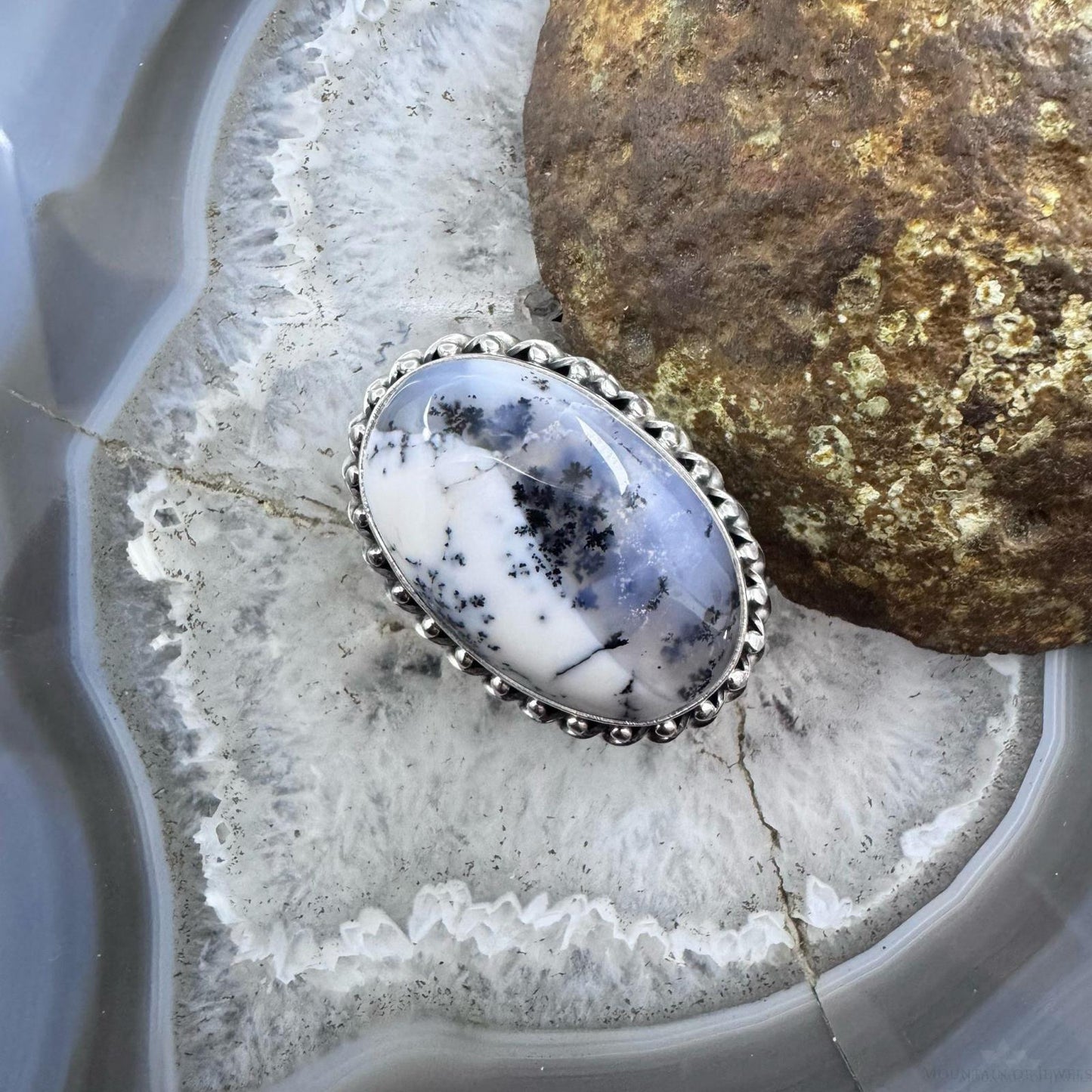 Sterling Silver Southwestern Style Oval Dendrite Agate Ring Size 5 For Women