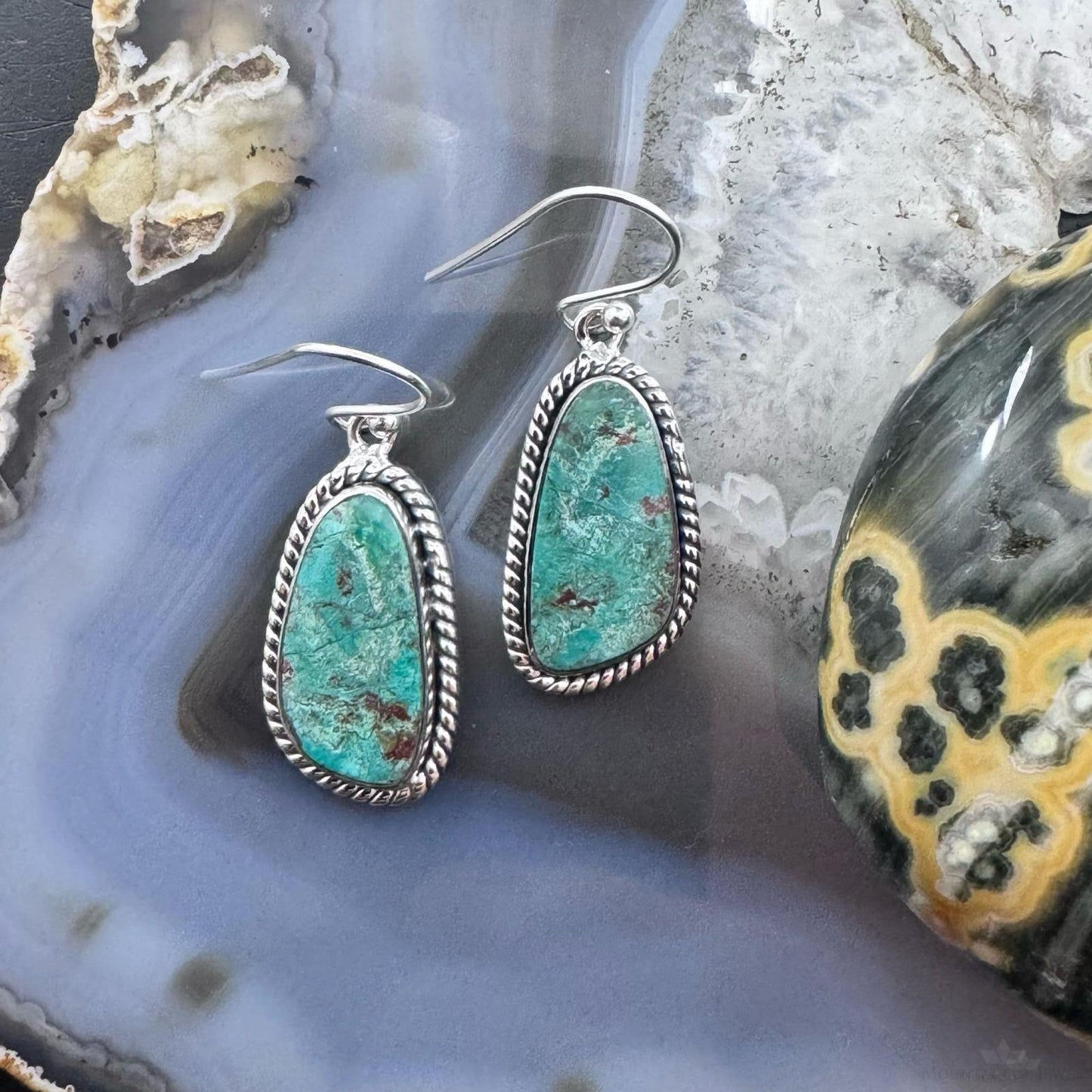 Sterling Silver Southwestern Style Green Shattuckite Dangle Earrings For Women