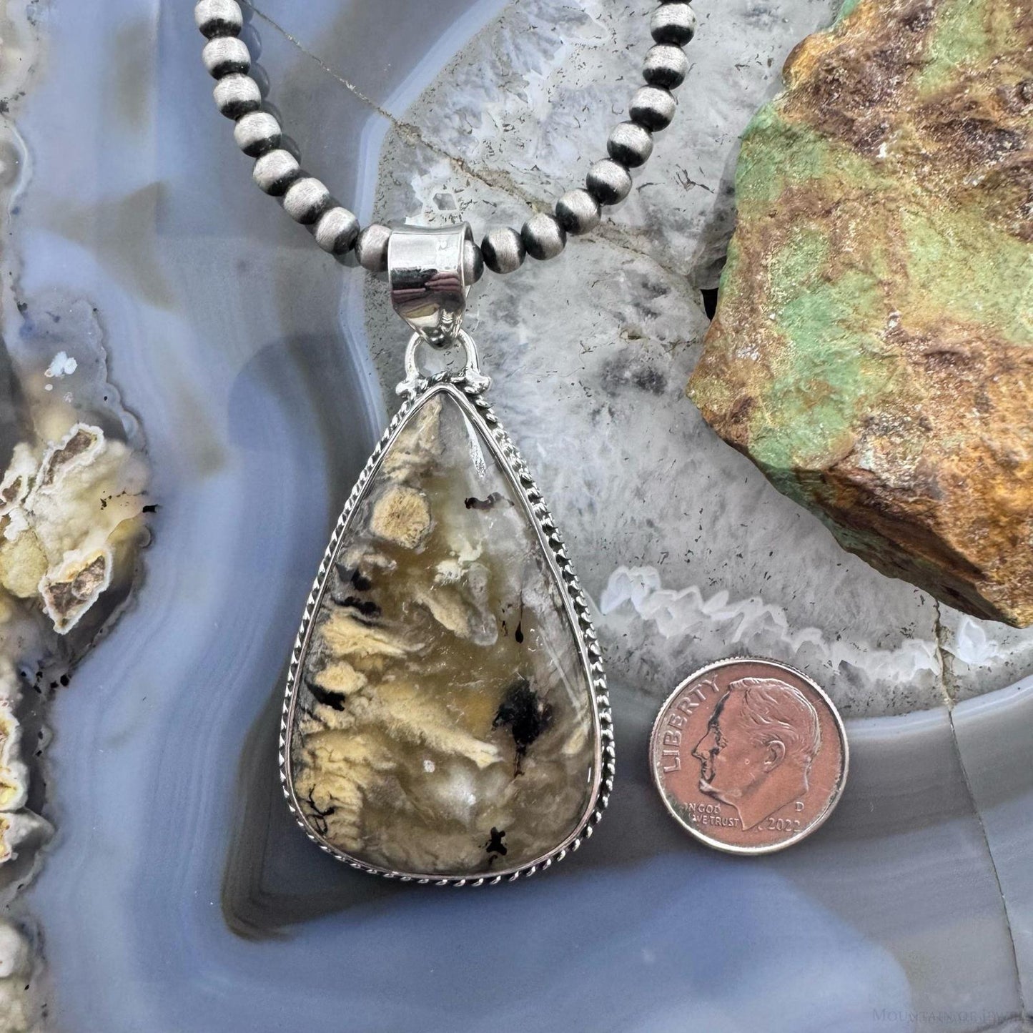 Sterling Silver Southwestern Style Large Teardrop Tiger Dendrite Agate Unisex Pendant