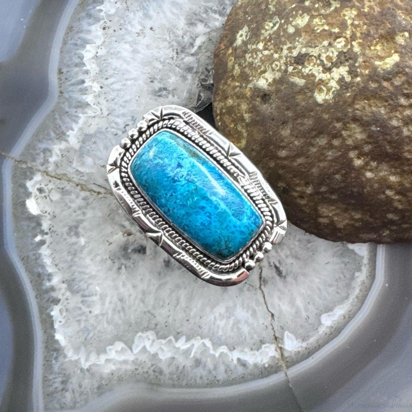 Sterling Silver Southwestern Style Chrysocolla Decorated Bar Ring Size 8 For Women