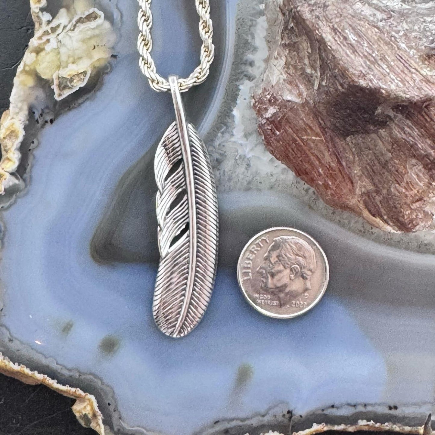 Sterling Silver Southwestern Style Curved Feather Unisex Pendant For Women