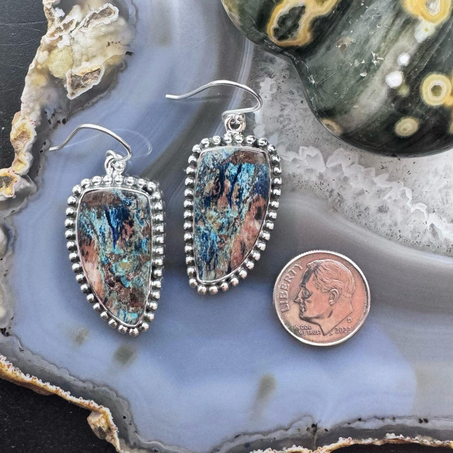 Sterling Silver Southwestern Style Triangle Shattuckite Dangle Earrings For Women #1