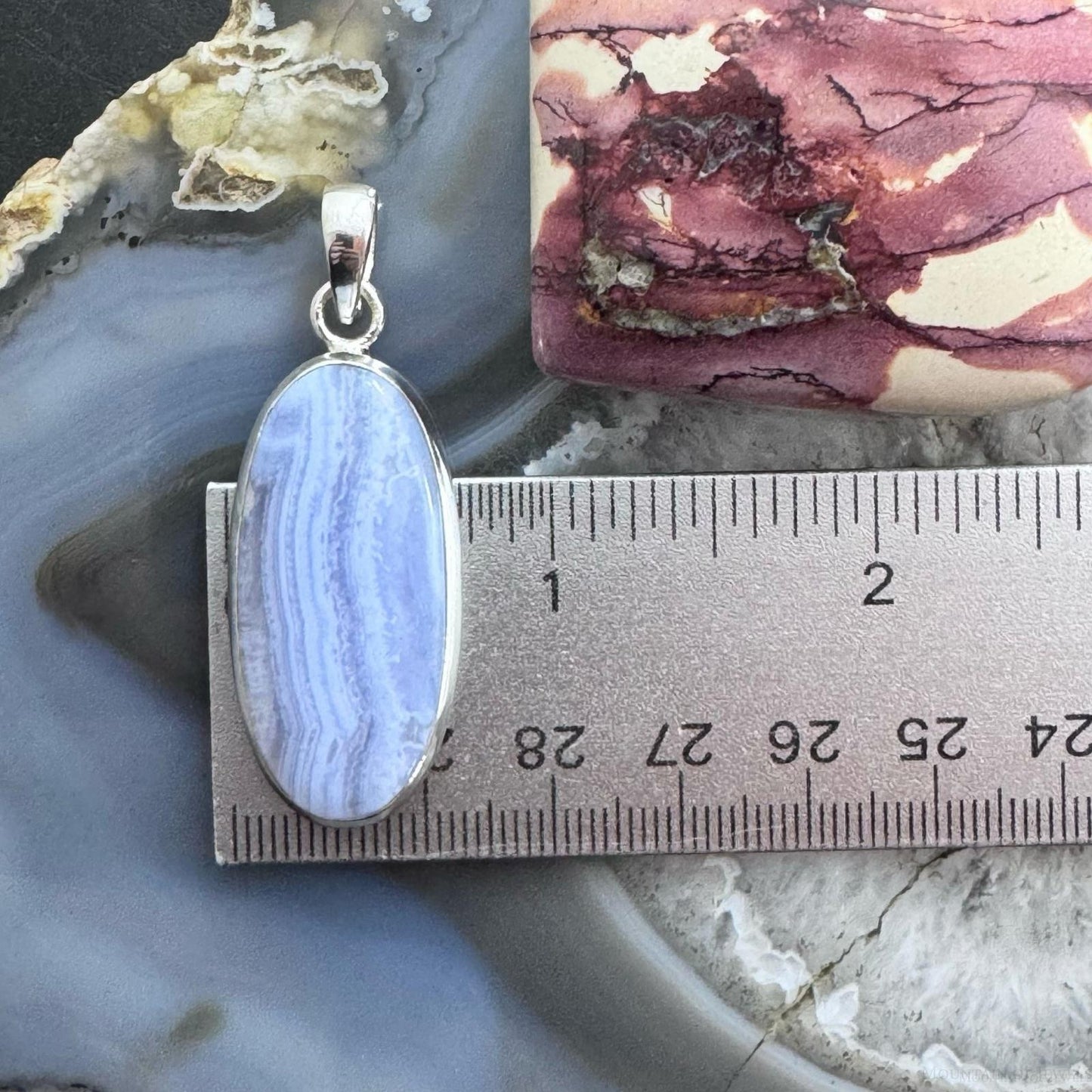 Sterling Silver Southwestern Style Elongated Oval Blue Lace Agate Pendant For Women