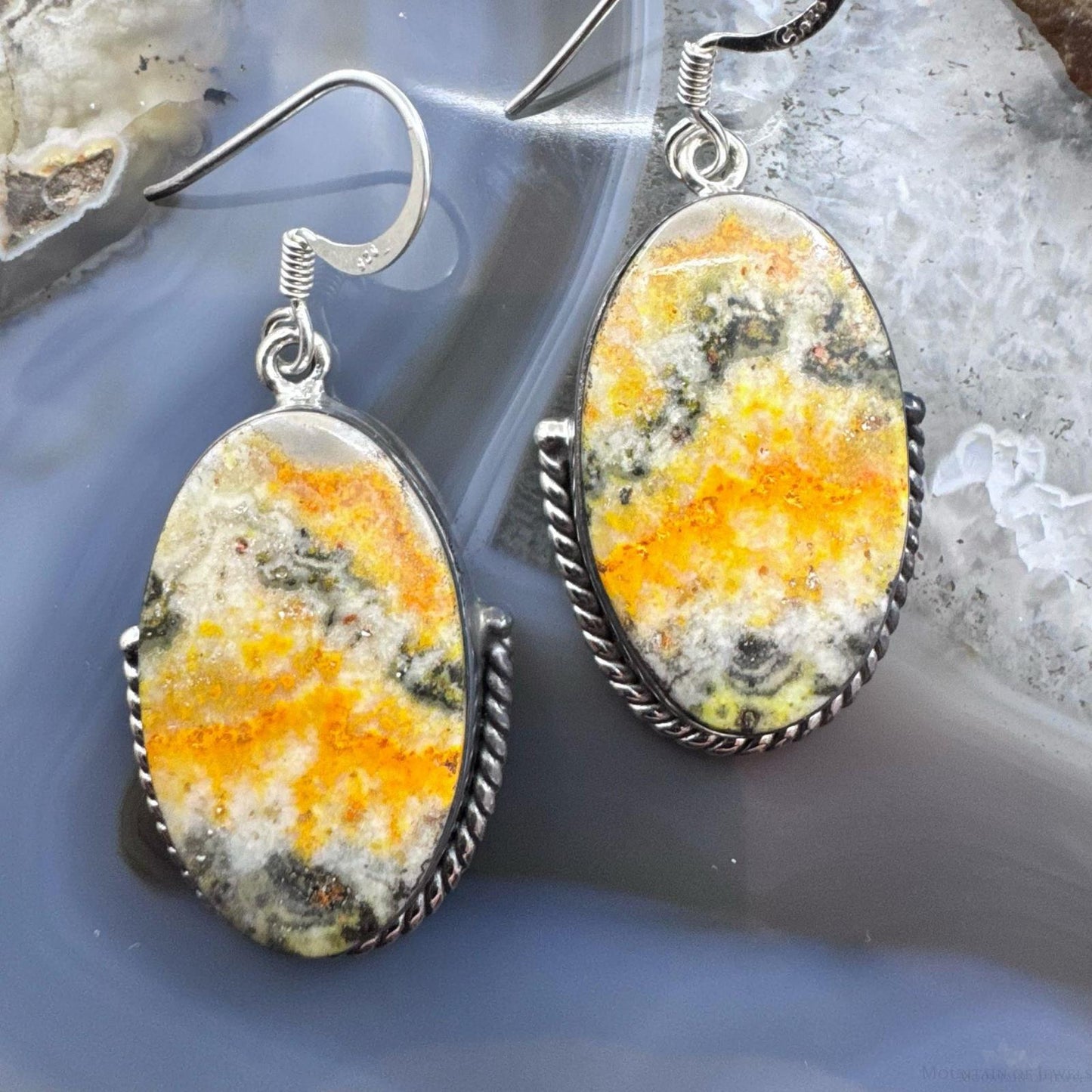 Sterling Silver Southwestern Style Large Oval Bumblebee Jasper Dangle Earrings For Women