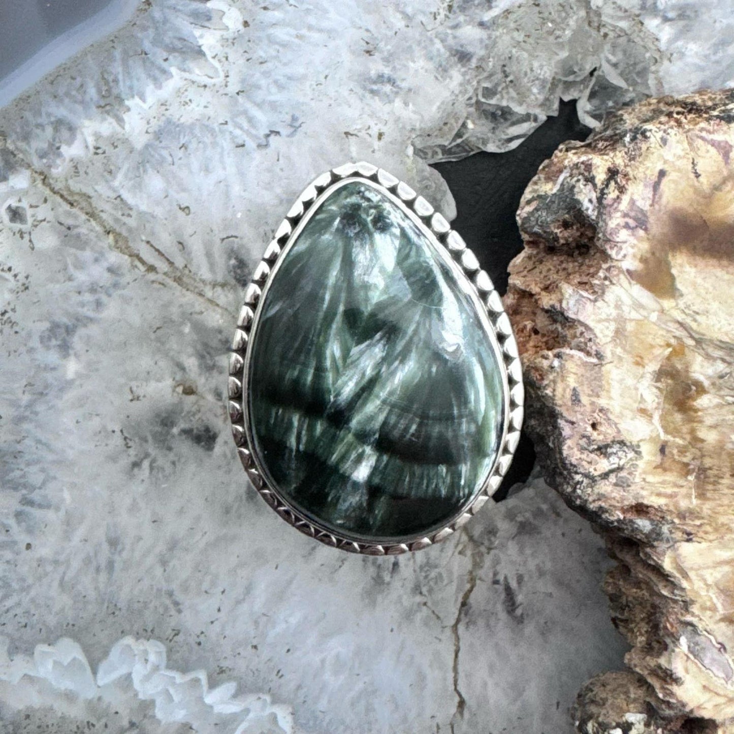 Sterling Silver Southwestern Style Teardrop Seraphinite Ring Size 9 For Women
