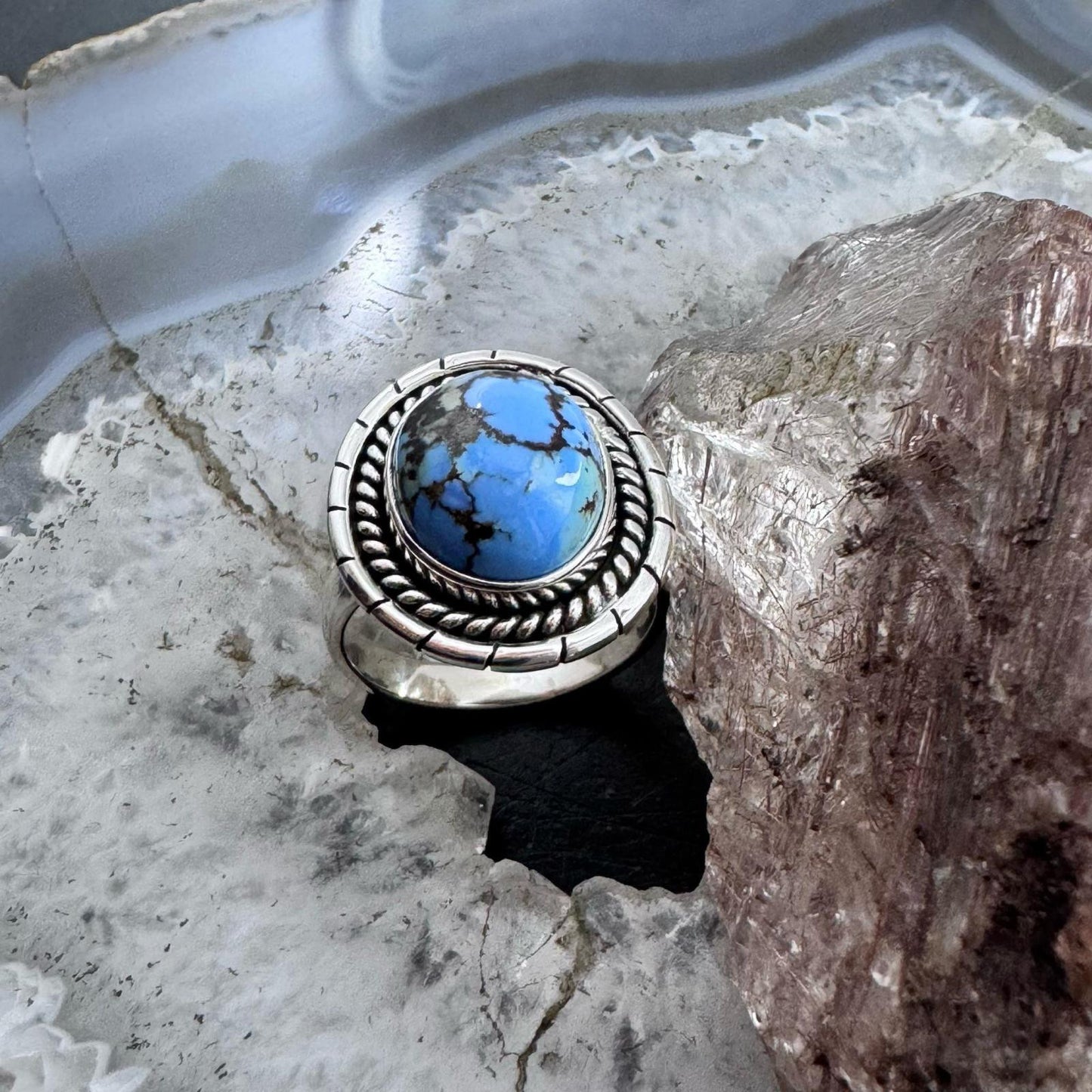 Sterling Silver Southwestern Style Oval Golden Hill Turquoise Ring Size 8 For Women
