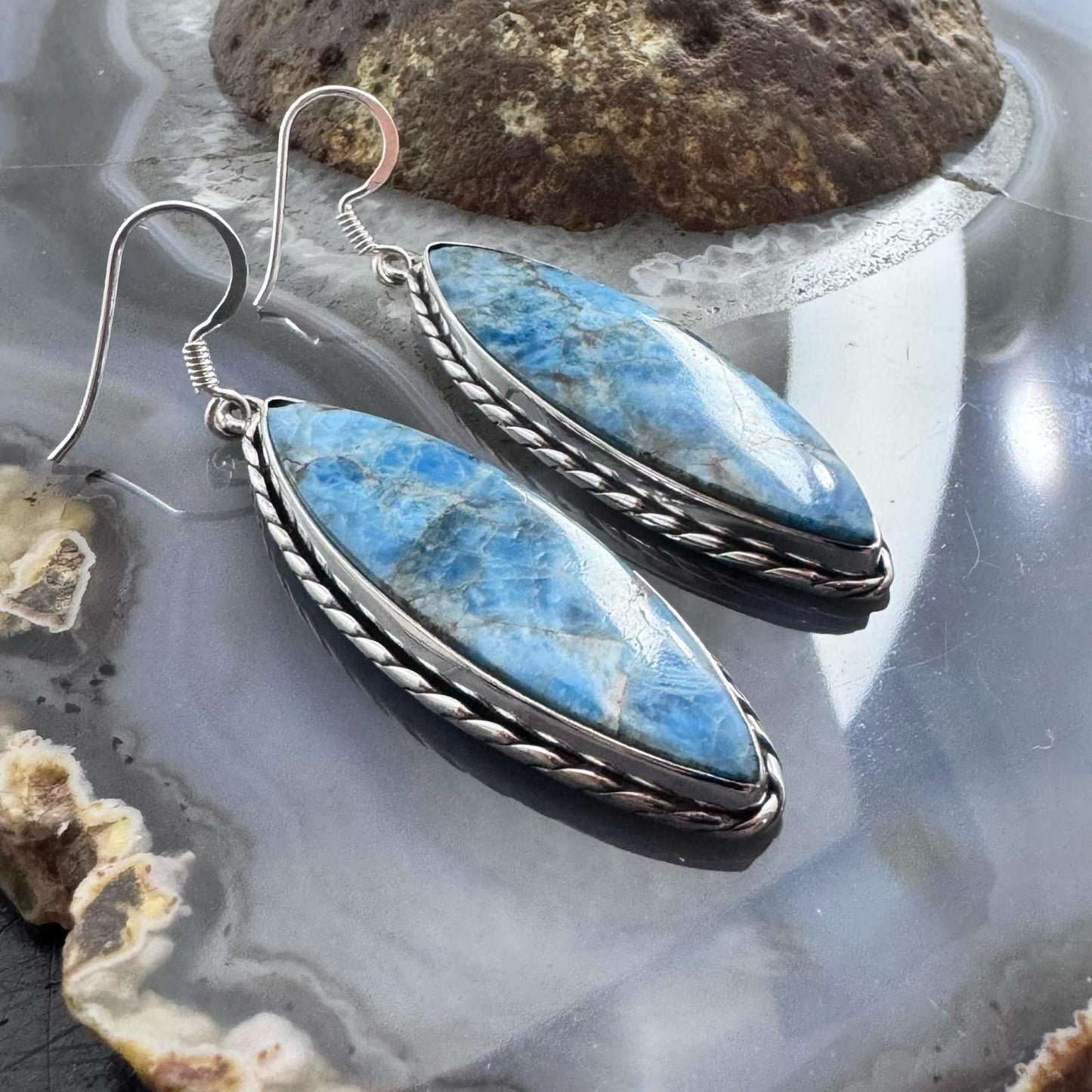 Sterling Silver Southwestern Style Elongated Marquise Blue Apatite Dangle Earrings For Women