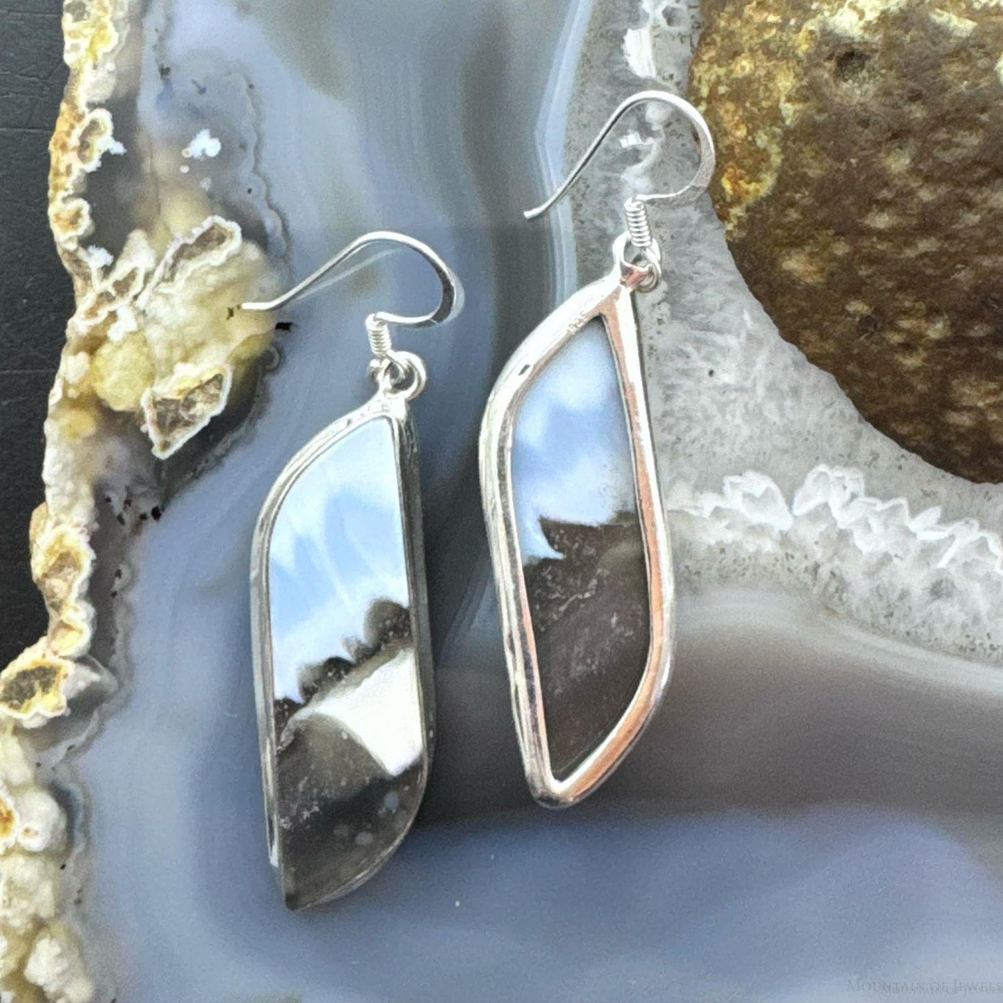 Sterling Silver Southwestern Style Tilde-shape Blue Opal Agate Dangle Earrings For Women