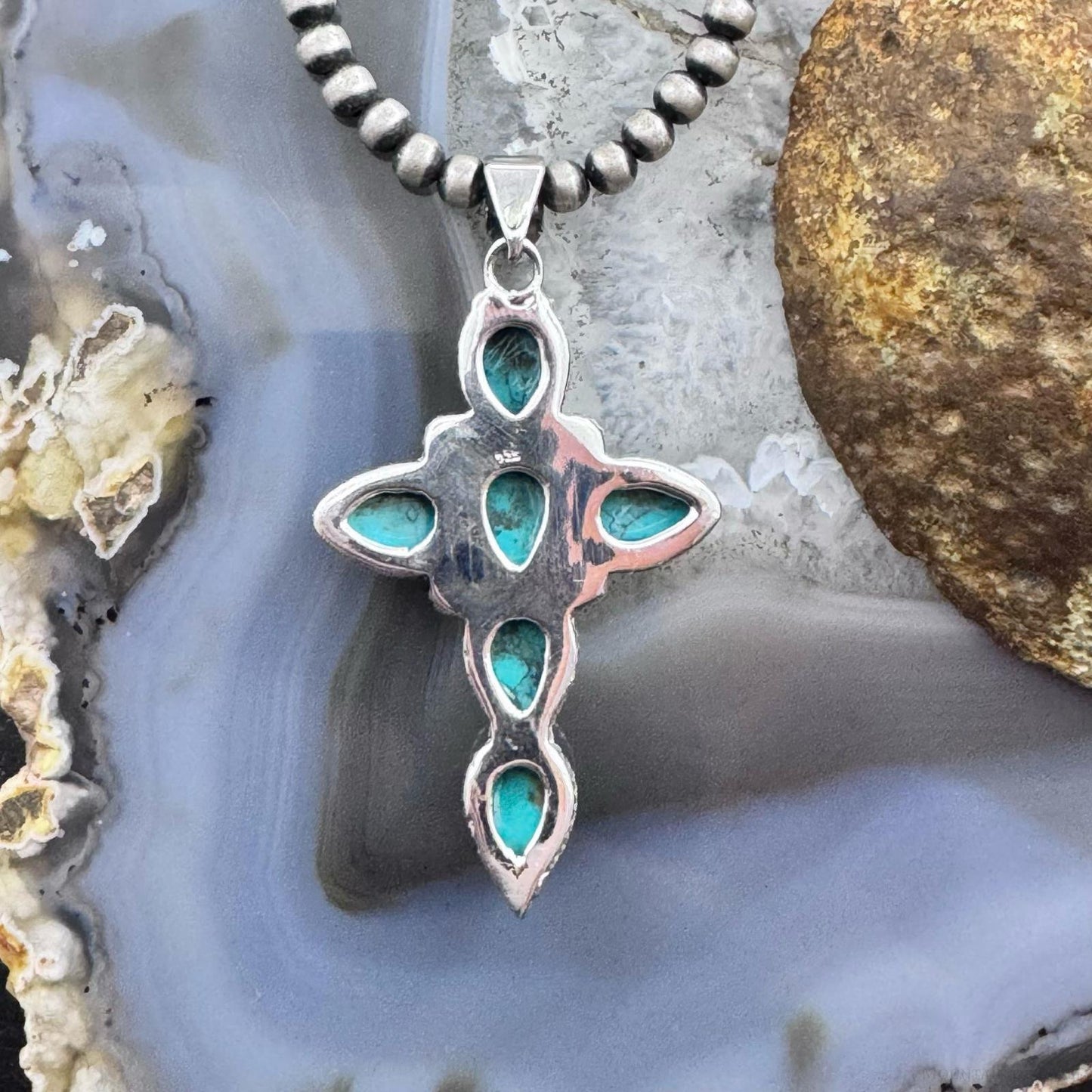 Sterling Silver Southwestern Style Blue Howlite Cross Pendant For Women