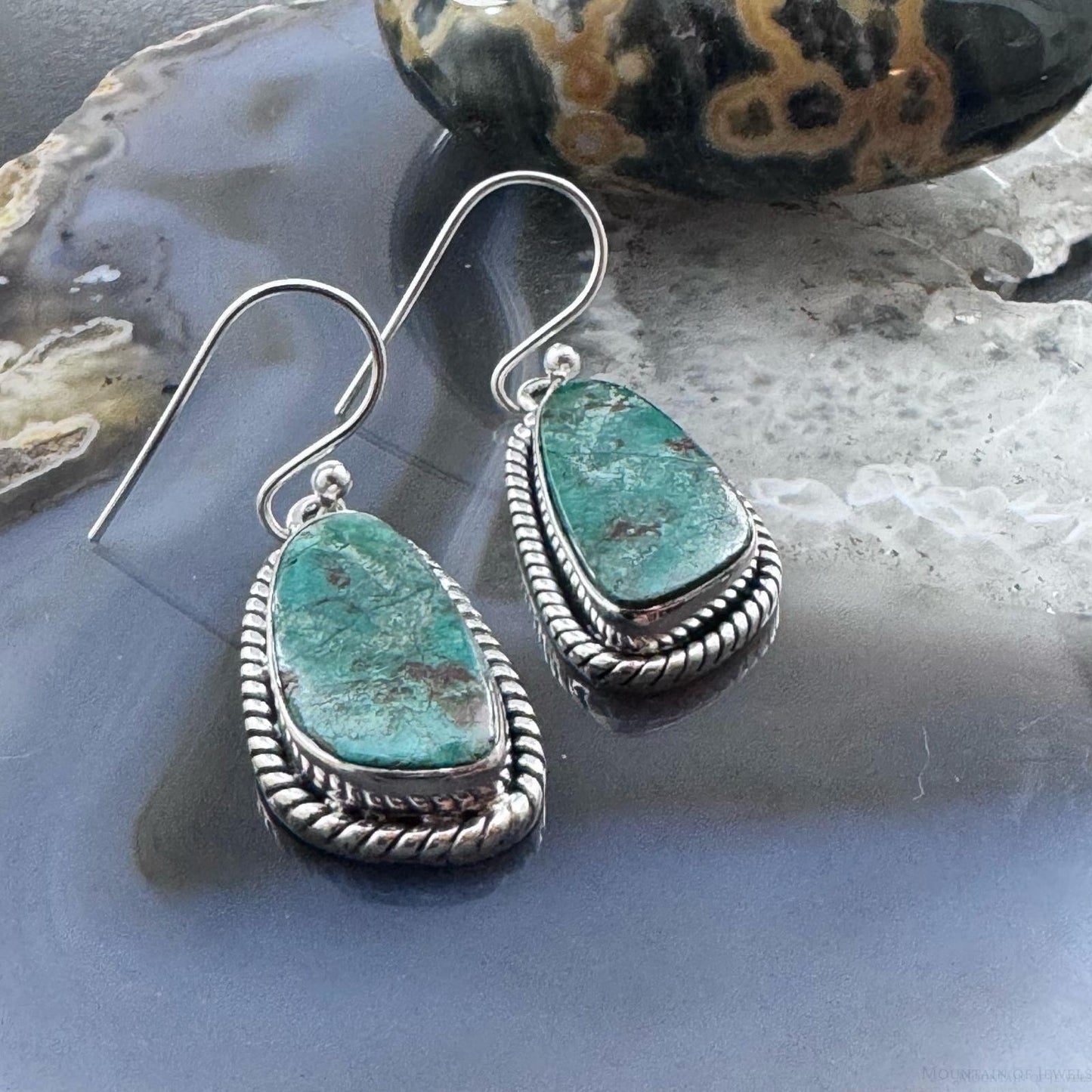 Sterling Silver Southwestern Style Green Shattuckite Dangle Earrings For Women