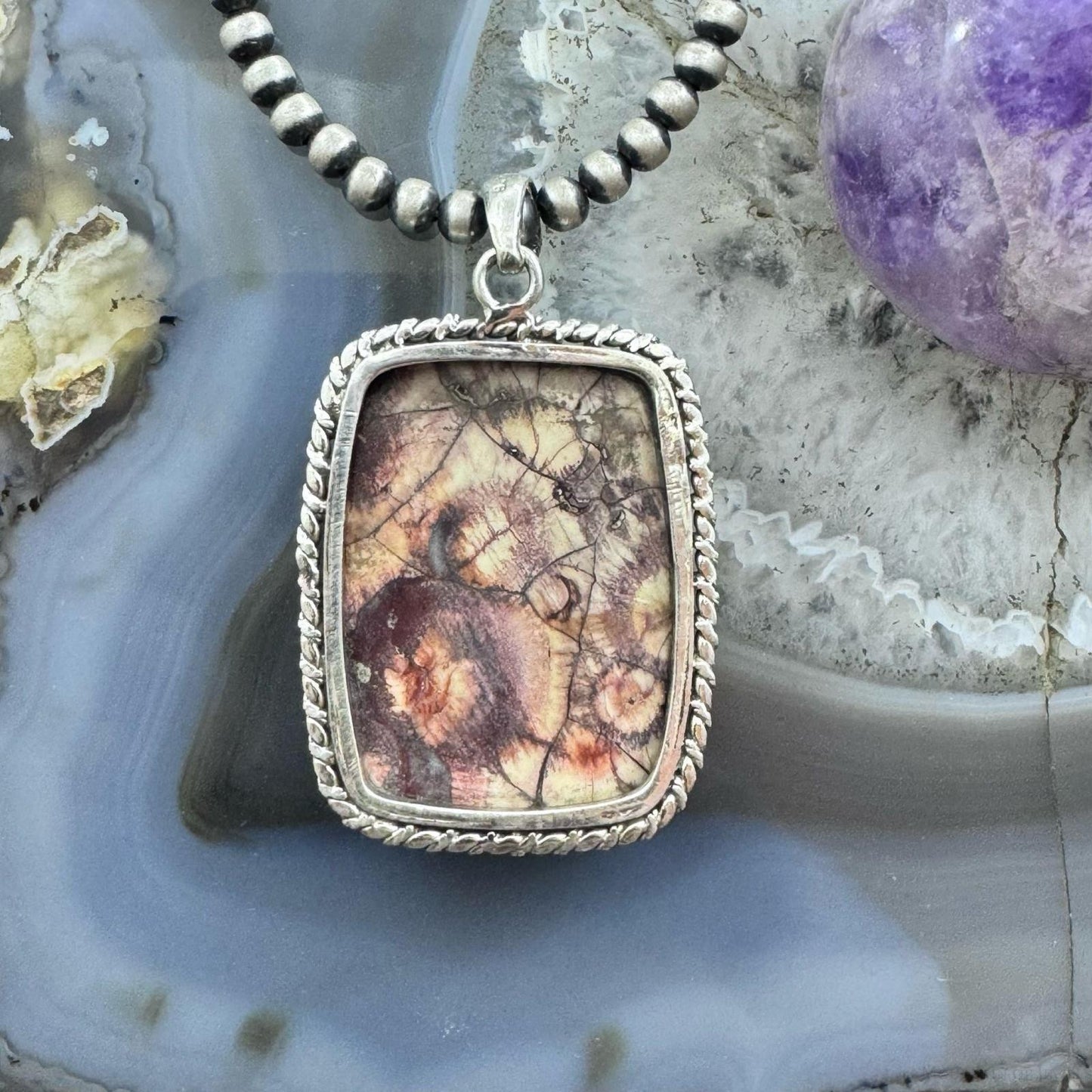 Sterling Silver Southwestern Style Large Rectangle Sunflower Jasper Pendant For Women