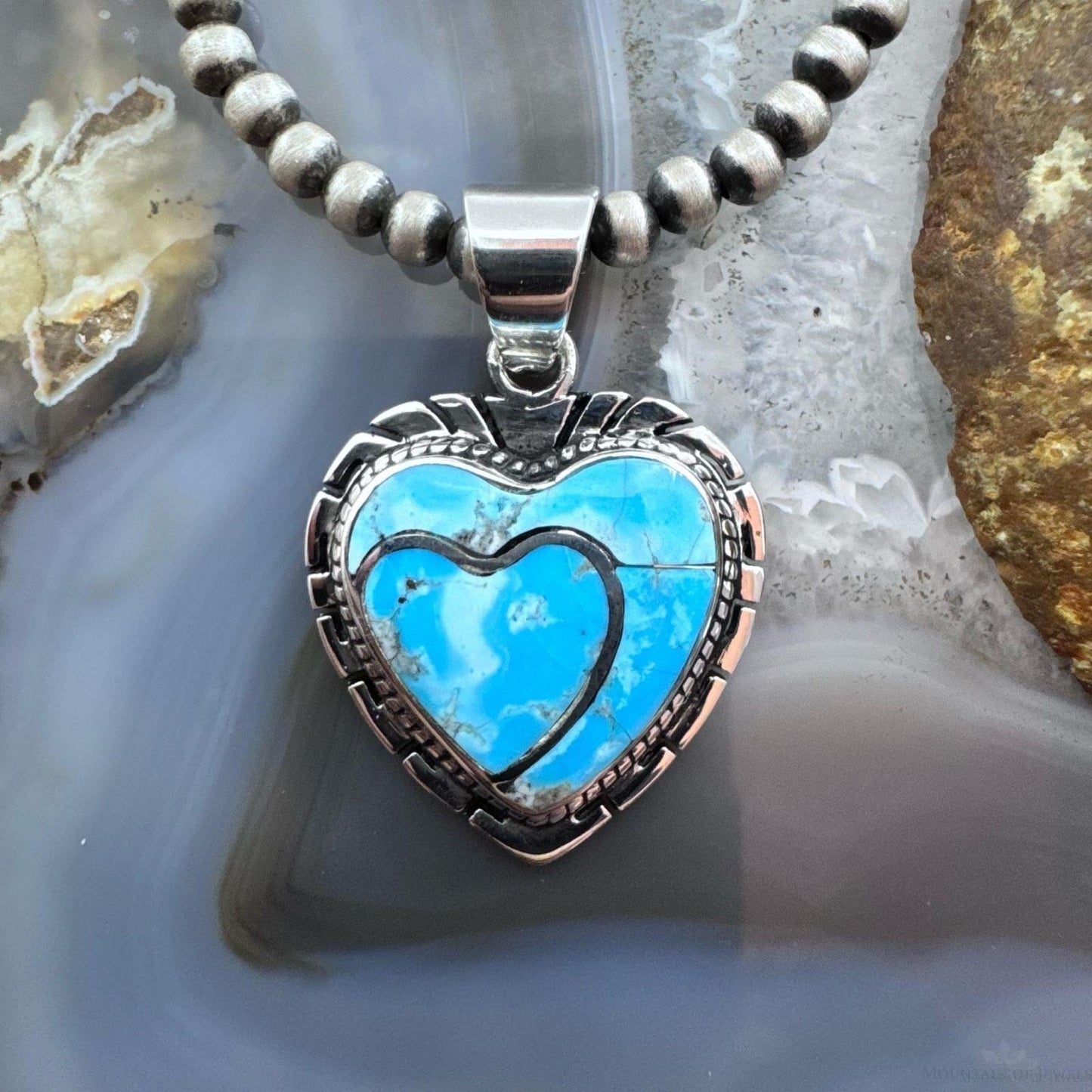 Native American Sterling Silver Blue Ridge Turquoise Decorated Double Heart Pendant For Women #1