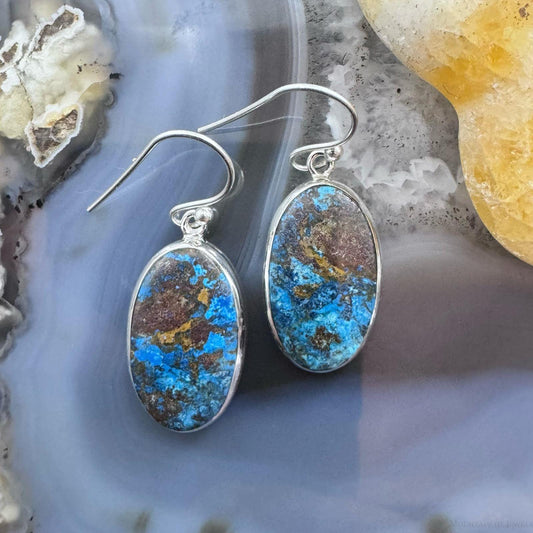 Sterling Silver Southwestern Style Oval Chrysocolla Dangle Earrings For Women