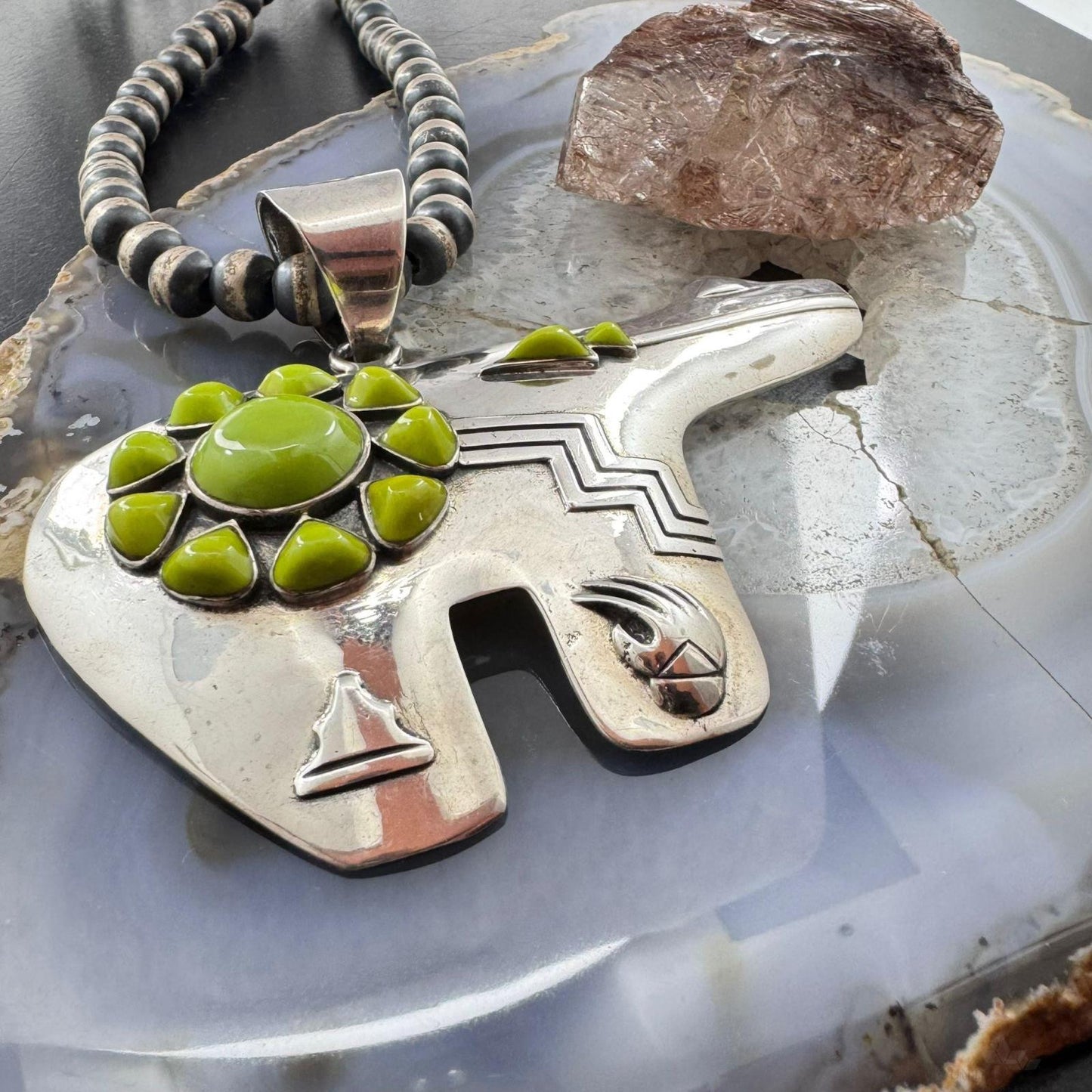 Vintage Native American Signed Sterling Silver Gaspite Fetish Bear Unisex Pendant