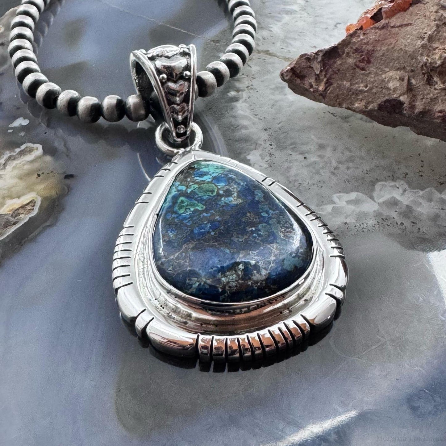 Sterling Silver Southwestern Style Teardrop Azurite Malachite Decorated Pendant