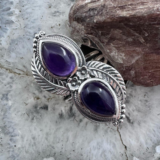 Sterling Southwestern Style Teardrop Amethyst Leaves Decorated Ring For Women