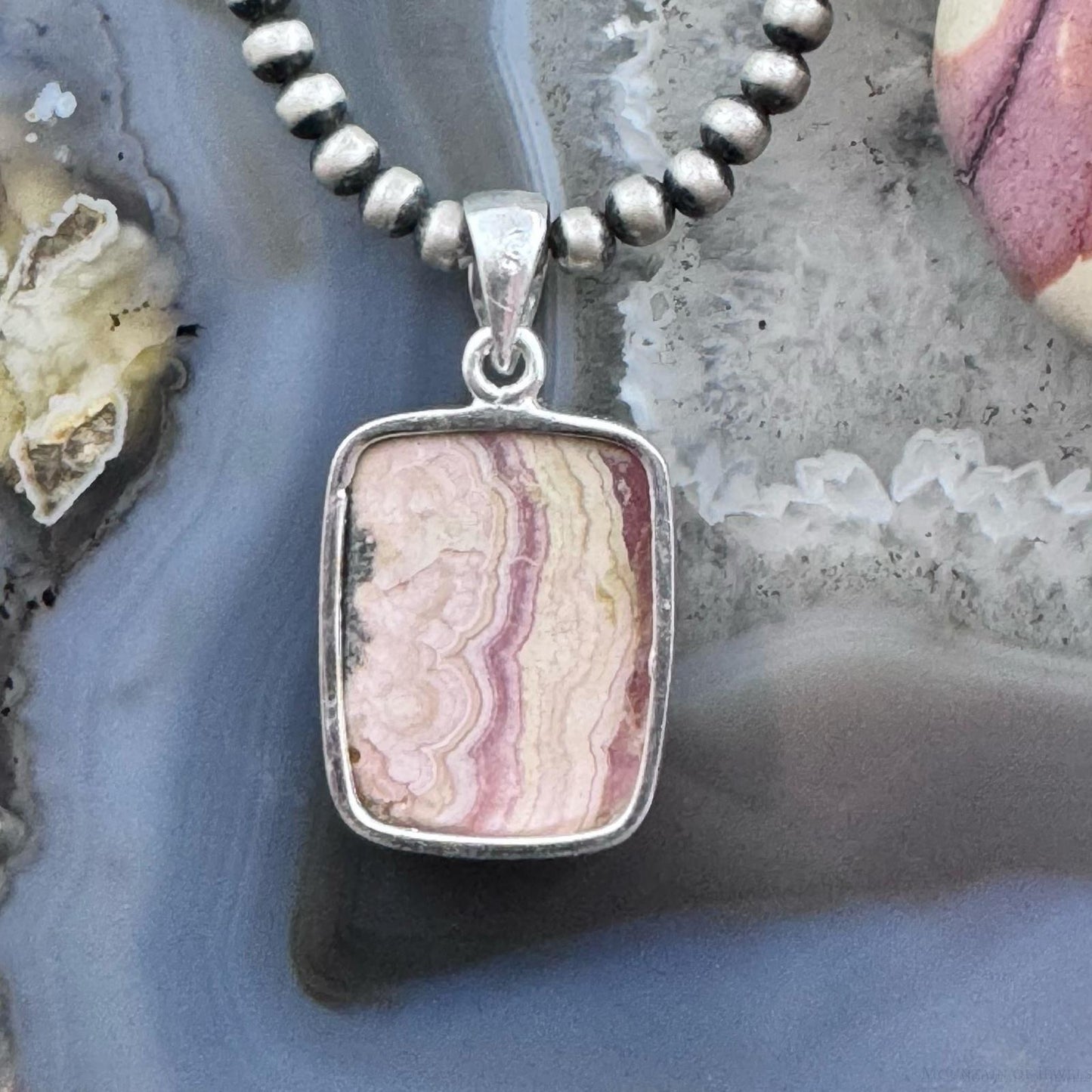 Sterling Silver Southwestern Style Rectangle Rhodochrosite Pendant For Women