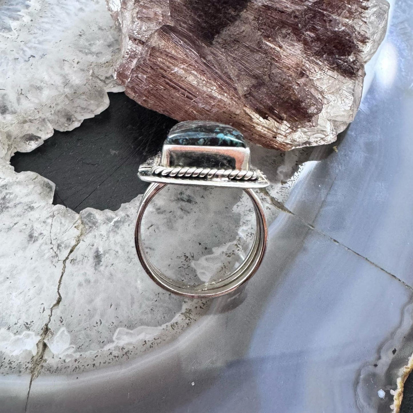 Sterling Silver Southwestern Style Azurite Decorated Bar Size 8 Ring For Women