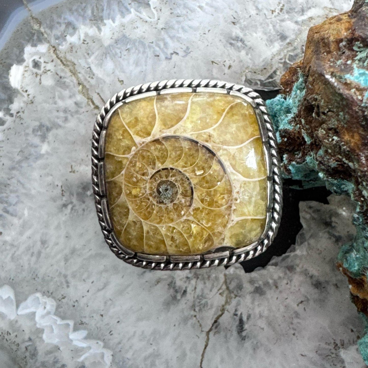 Sterling Silver Southwestern Style Square Ammonite Decorated Ring Size 9 For Women
