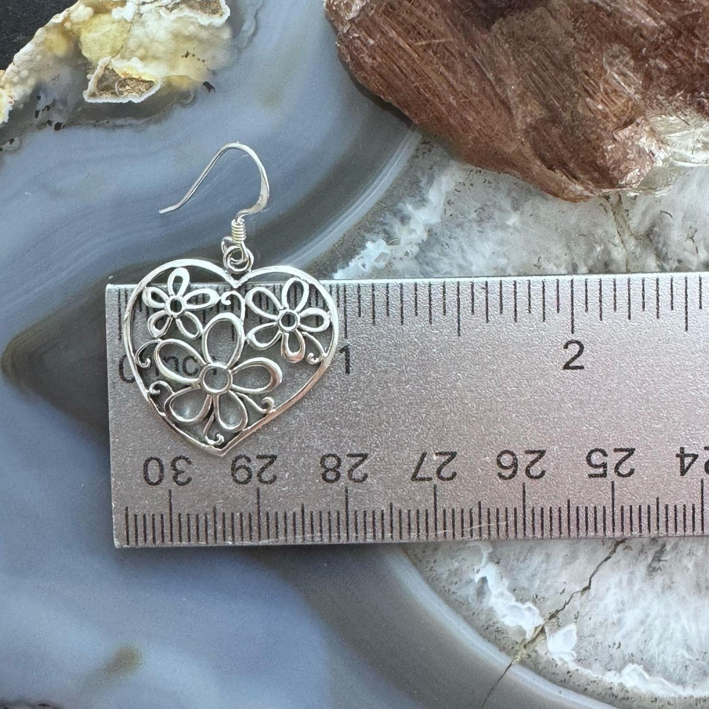 Sterling Silver Heart Flower Dangle Earrings For Women